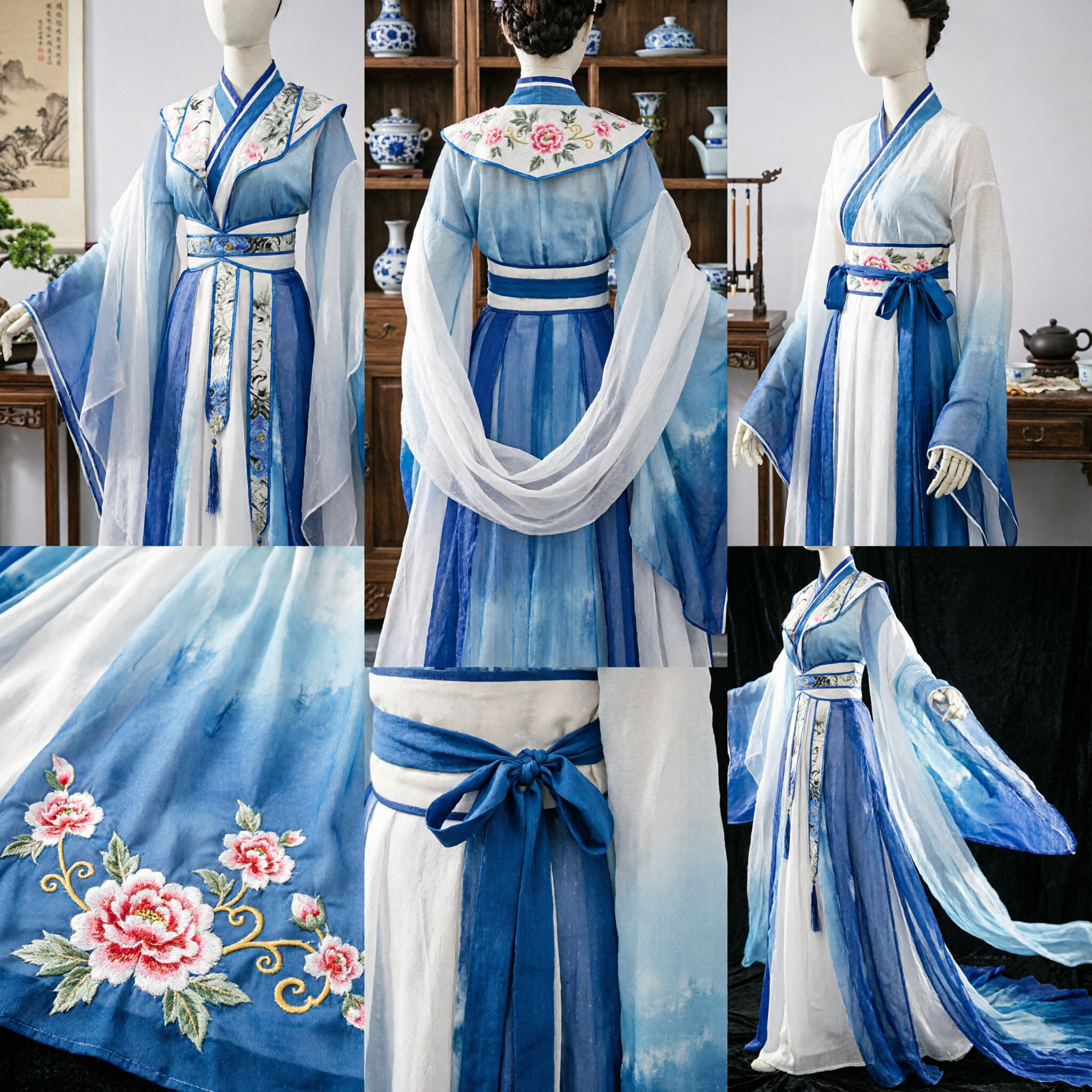 Tradycyjny Chiński Starożytny Kostium Hanfu Niebiesko-Biała Gradientowa Haftowana Suknia Wróżki dla Kobiet Cosplay - Asian Costume