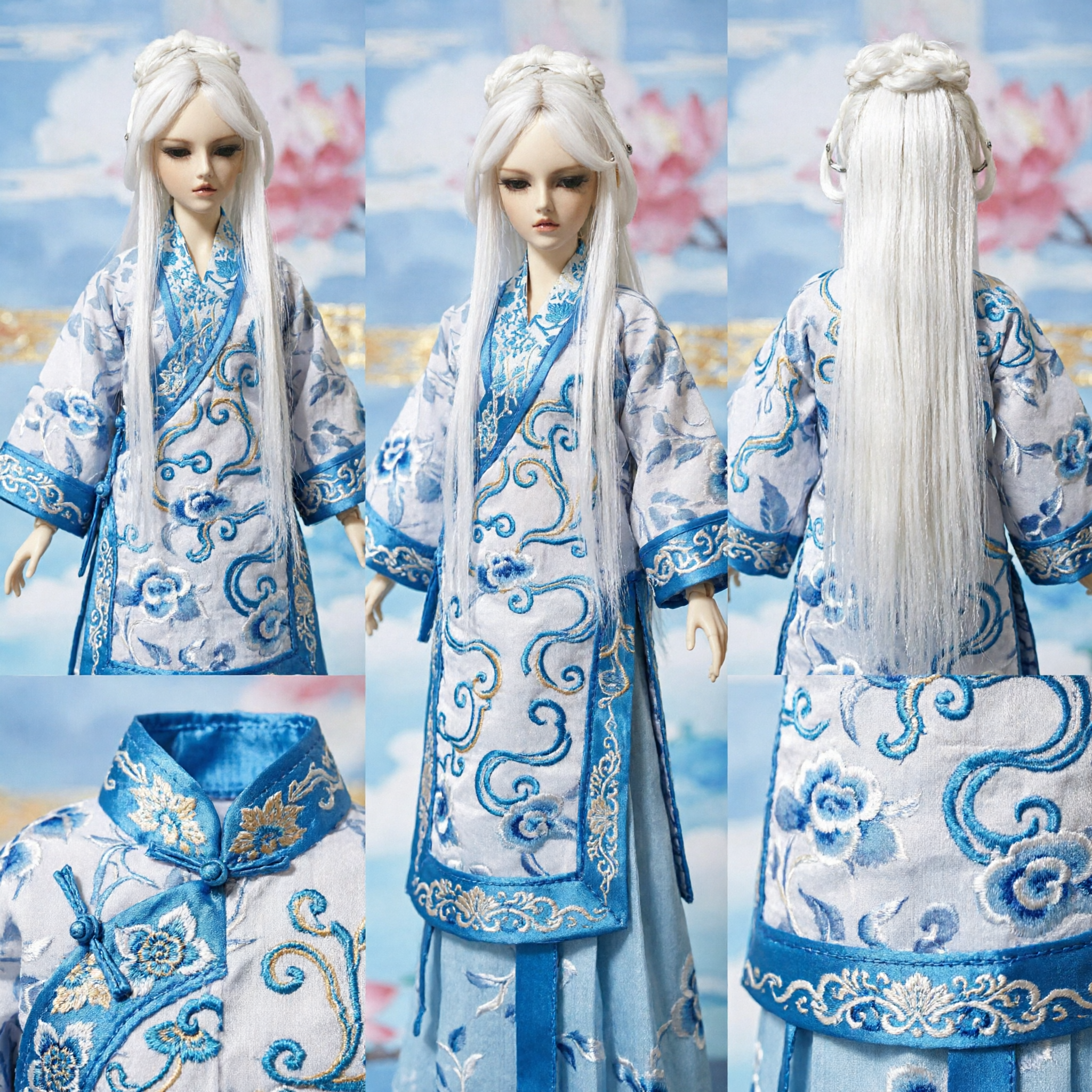 Perruque longue traditionnelle chinoise argentée blanche avec chignon tressé pour poupées BJD - Accessoire capillaire pour costume de cosplay Hanfu - Asian Costume
