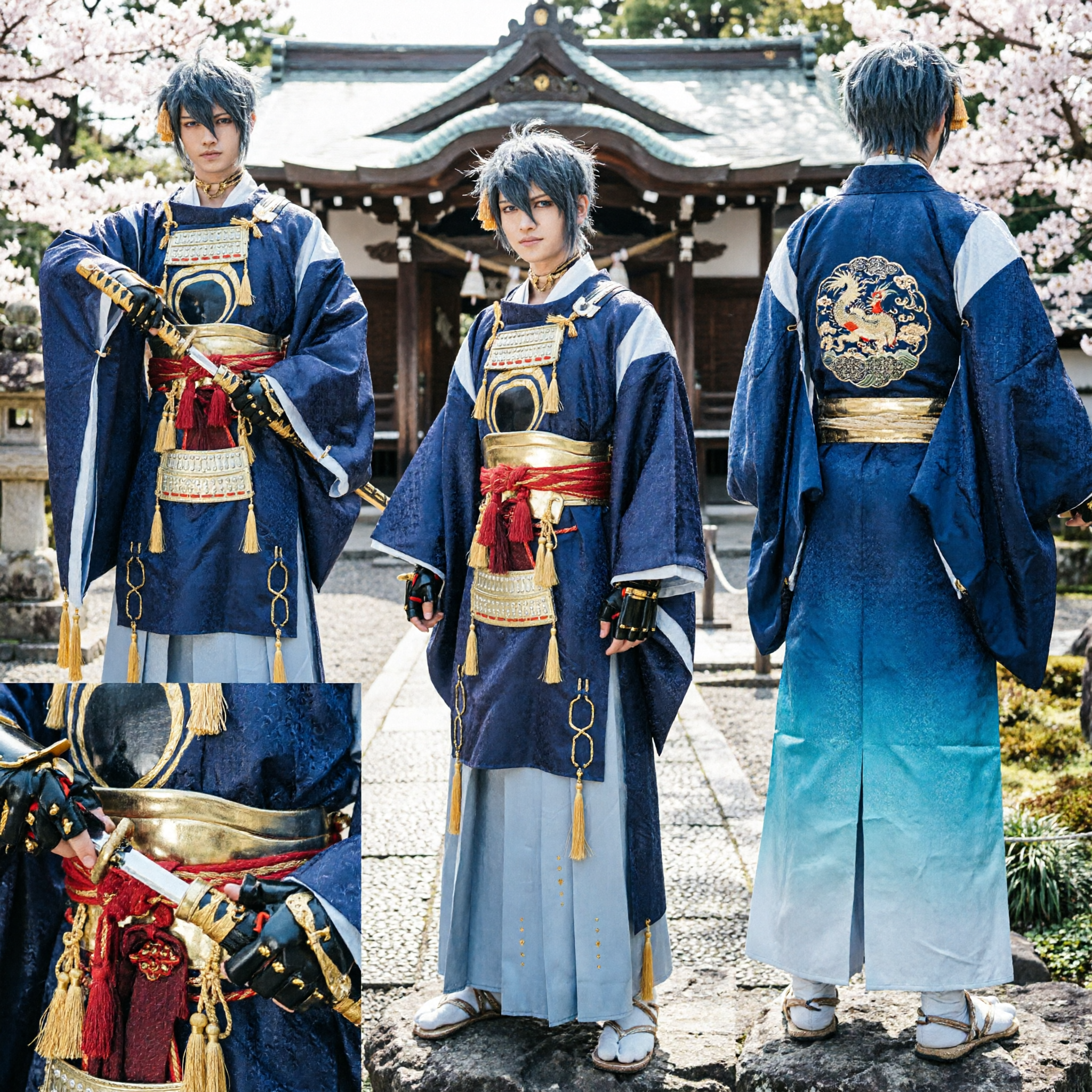 Traje de Cosplay de Armadura de Samurai Japonês Tradicional para Homens Conjunto de Kimono e Hakama Azul com Espada para Eventos - Asian Costume