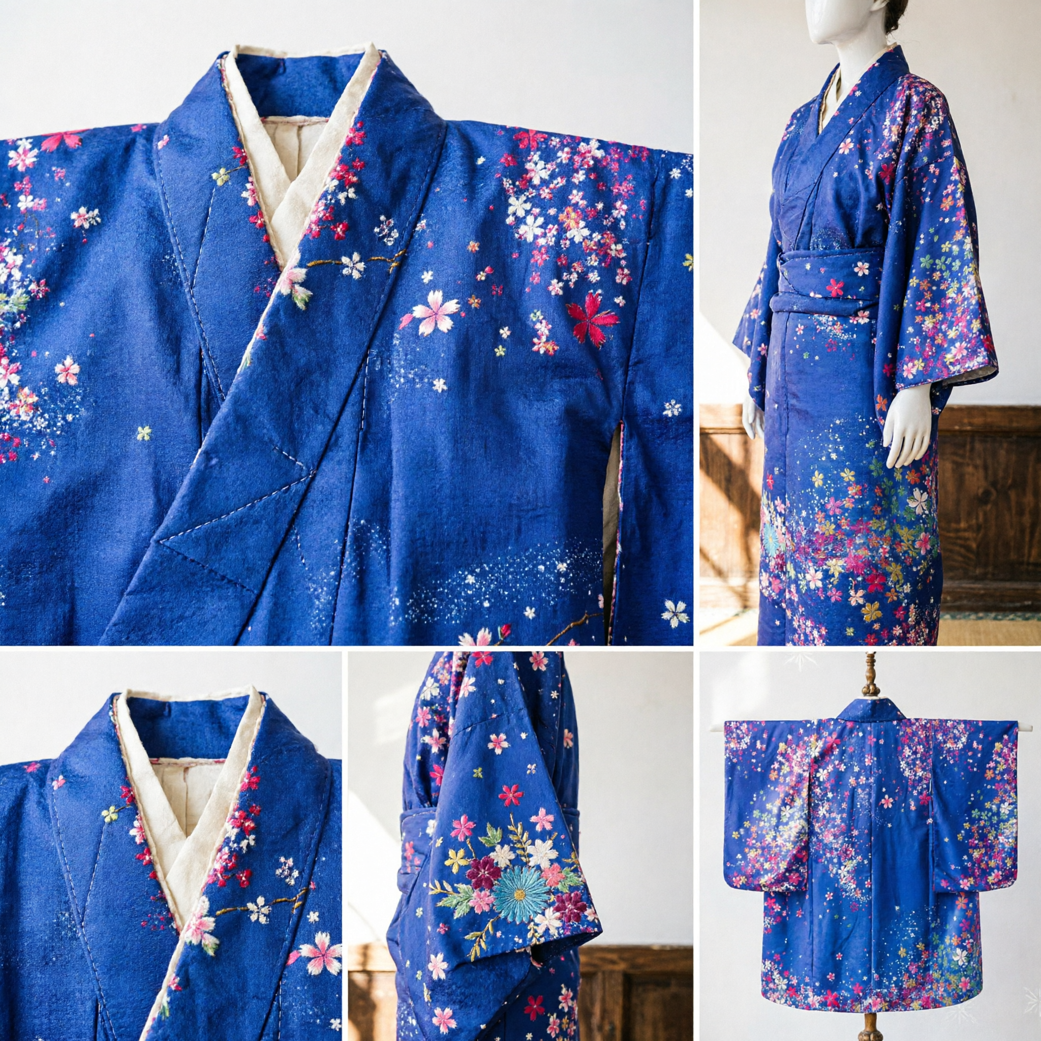 Elegante Kimono Giapponese Blu con Stampa Sakura Fiori di Ciliegio Costume Tradizionale per Festival e Cosplay - Asian Costume