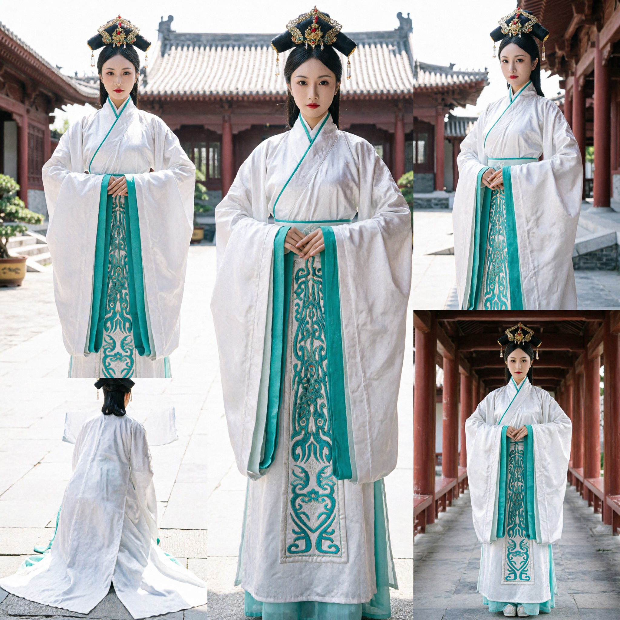 Costume Tradizionale Cinese Antica Dama di Palazzo Hanfu Abito Bianco con Ricamo Verde Acqua per Donne Spettacolo Cosplay - Asian Costume