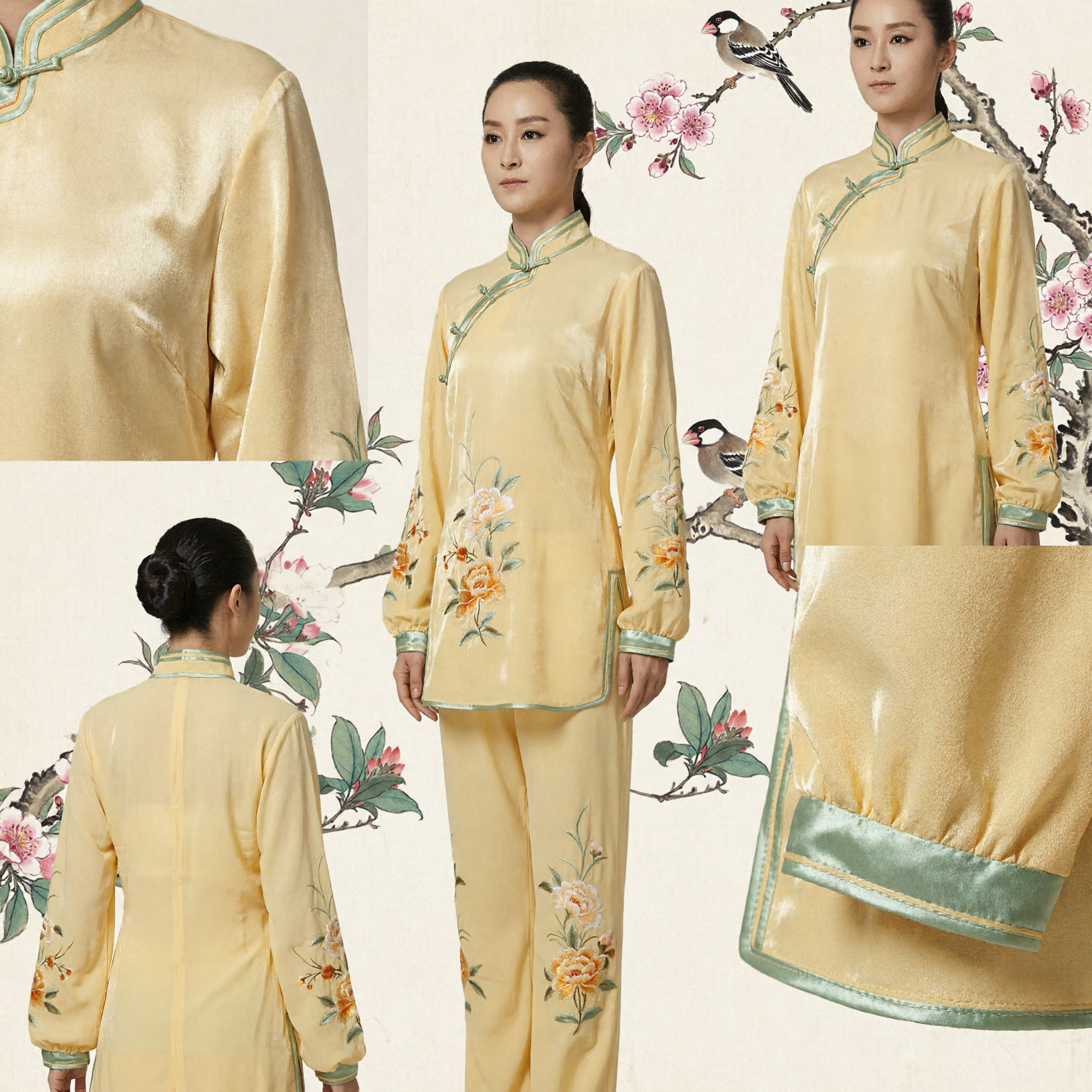 Frauen Gelbes Traditionelles Chinesisches Tai Chi Kung Fu Anzug mit Blumenstickerei für Kampfkunsttraining - Asian Costume