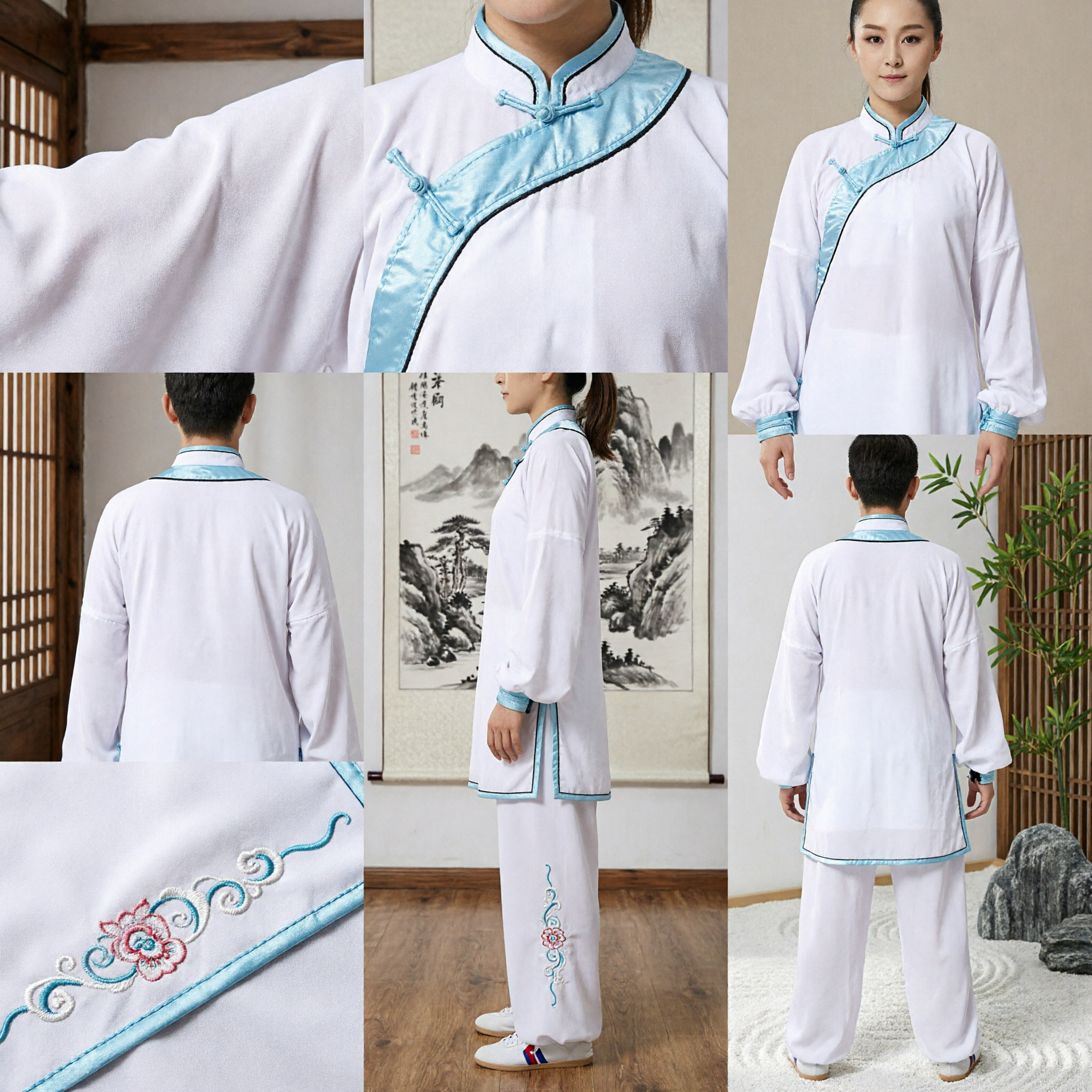 Vrouwen Wit Tai Chi Uniform Traditionele Chinese Kung Fu Pak met Blauwe Afzetting voor Wushu Beoefening - Asian Costume