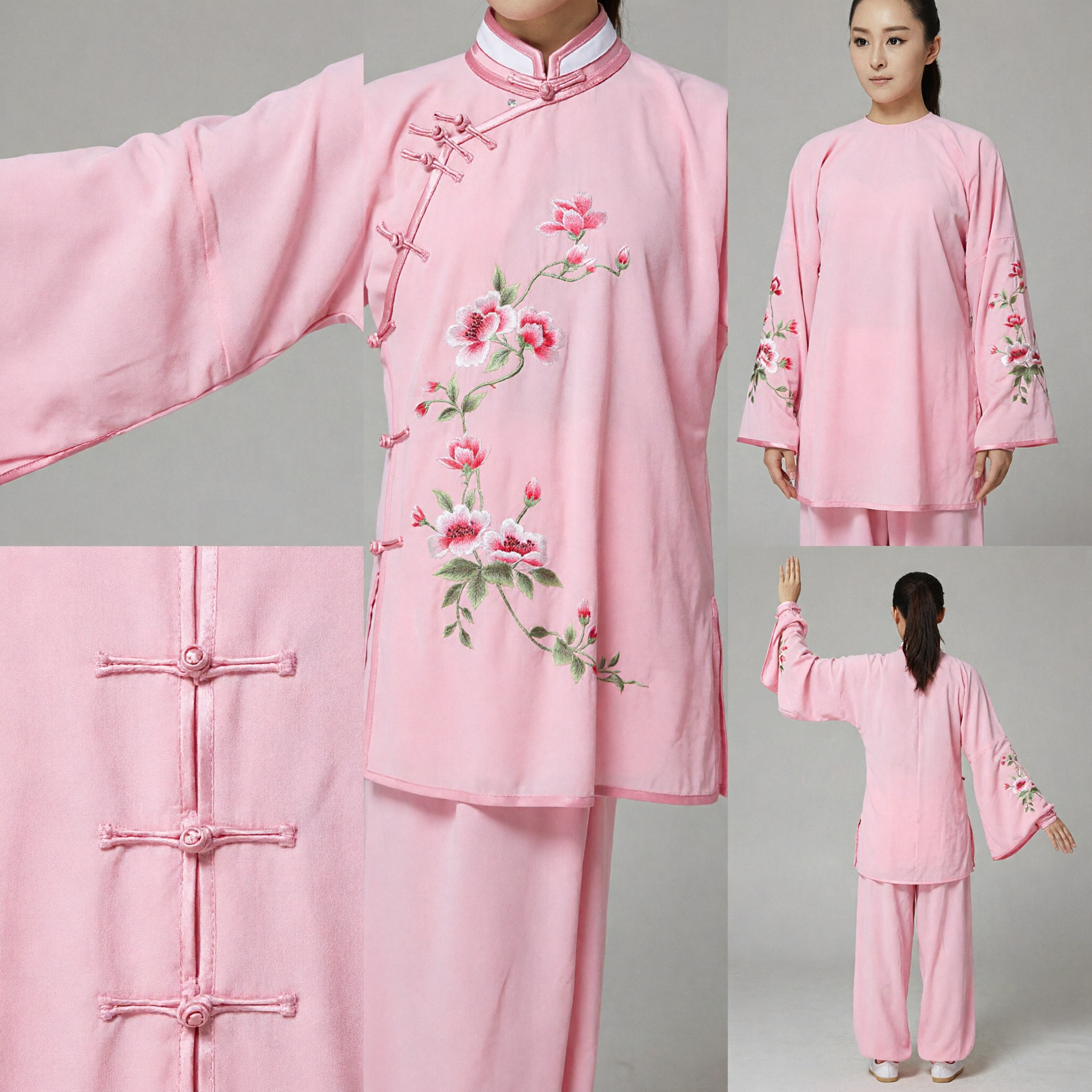 Uniforme tradizionale cinese Tai Chi Kung Fu rosa per donne Ricamo floreale Costumo per pratica arti marziali - Asian Costume