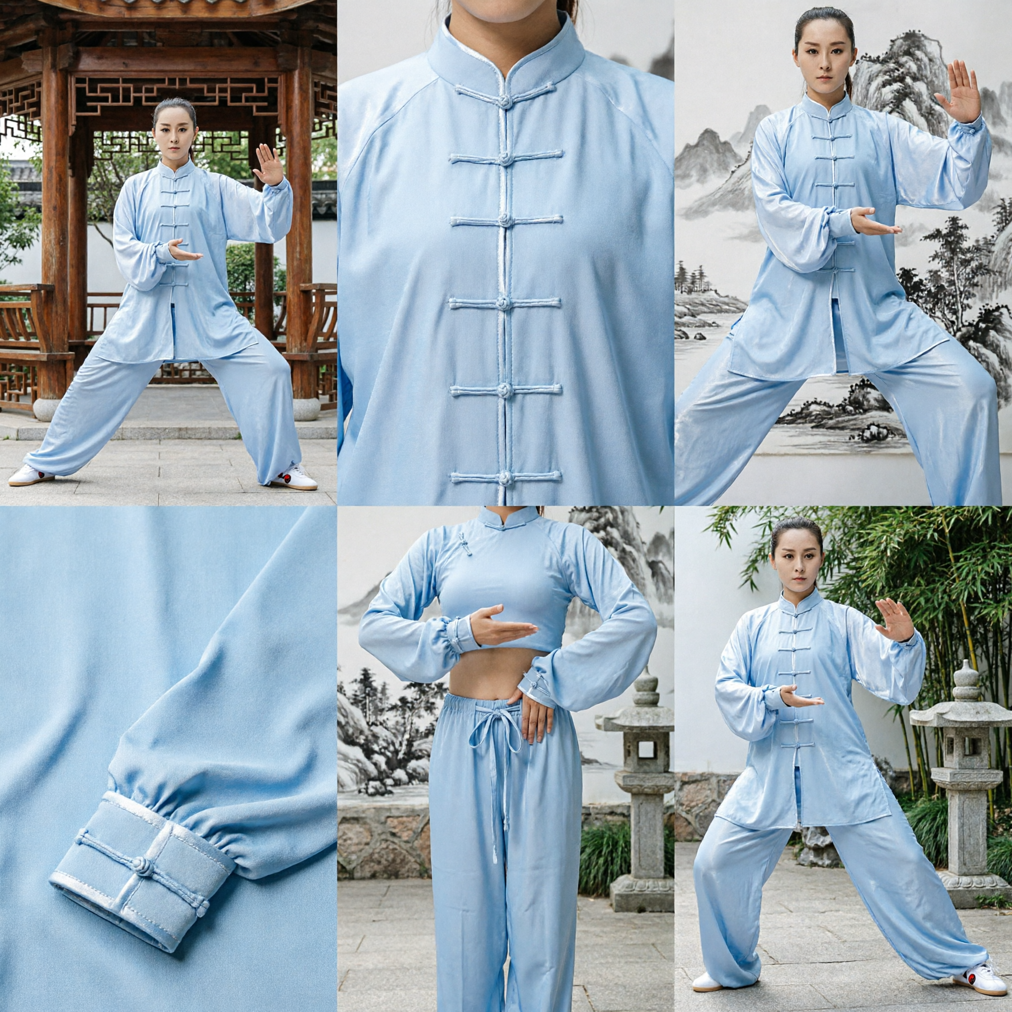 Uniforme Tradicional Chinês de Kung Fu Tai Chi Azul Claro para Mulheres em Seda, Traje de Artes Marciais para Performance - Asian Costume