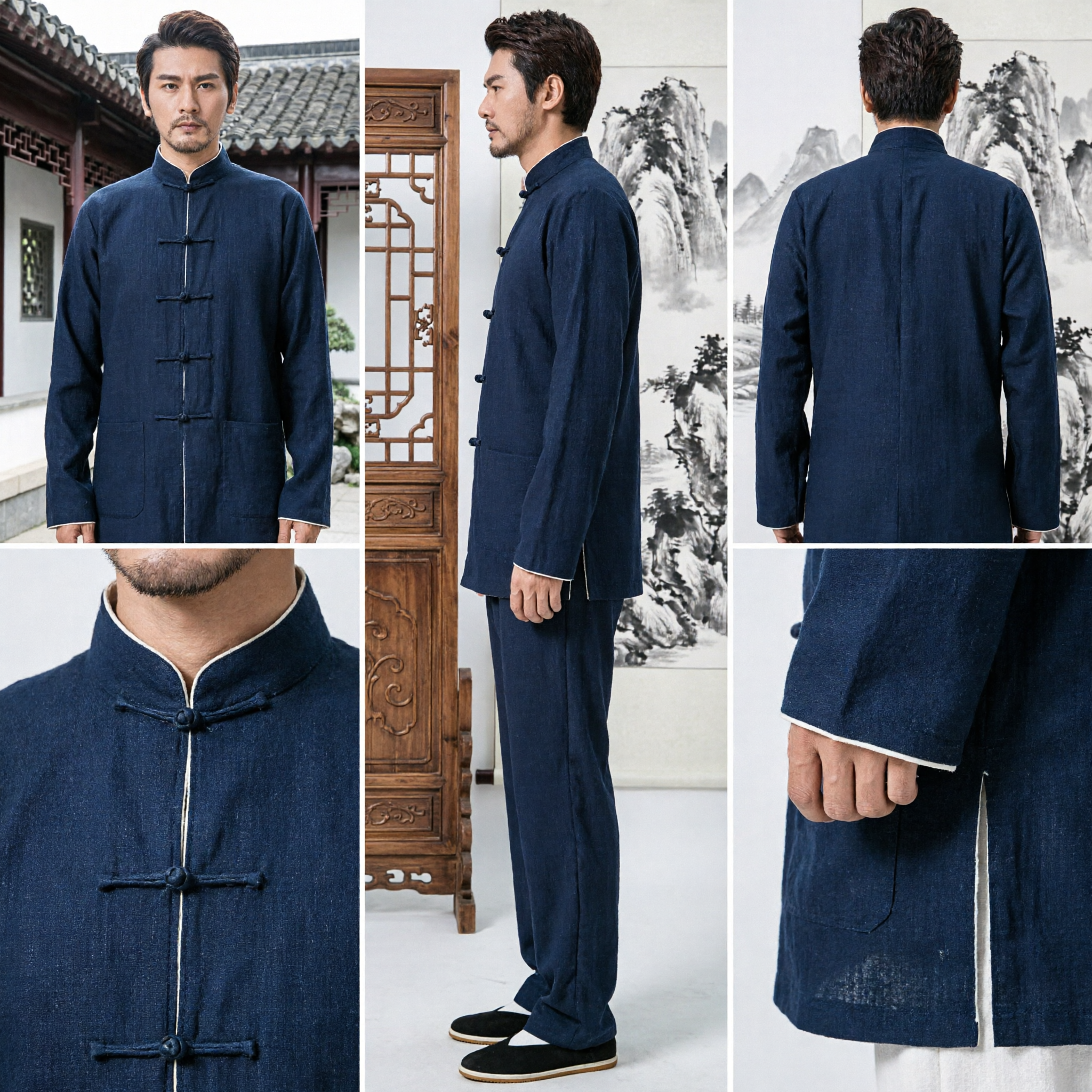 Männer Traditionelles Chinesisches Tang Anzug Kung Fu Uniform Schwarz Leinen Tai Chi Kleidung Set Mandarin-Kragen - Asian Costume