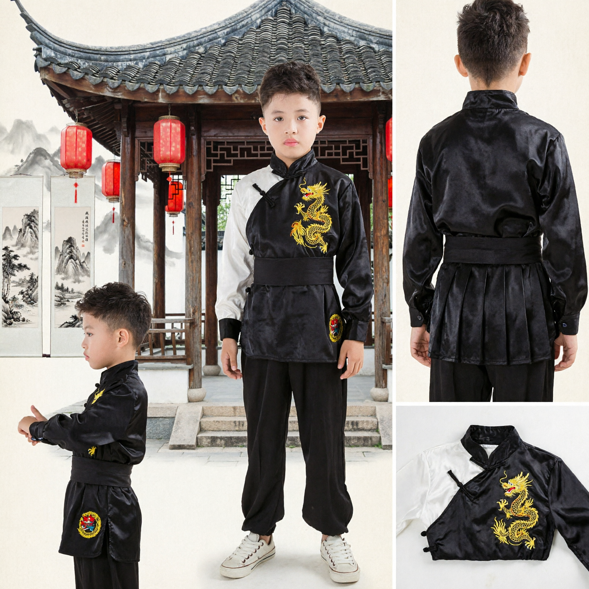 Ensemble d'uniforme Kung Fu pour enfants - Costume traditionnel chinois Wushu d'arts martiaux pour garçons avec broderie de dragon - Asian Costume