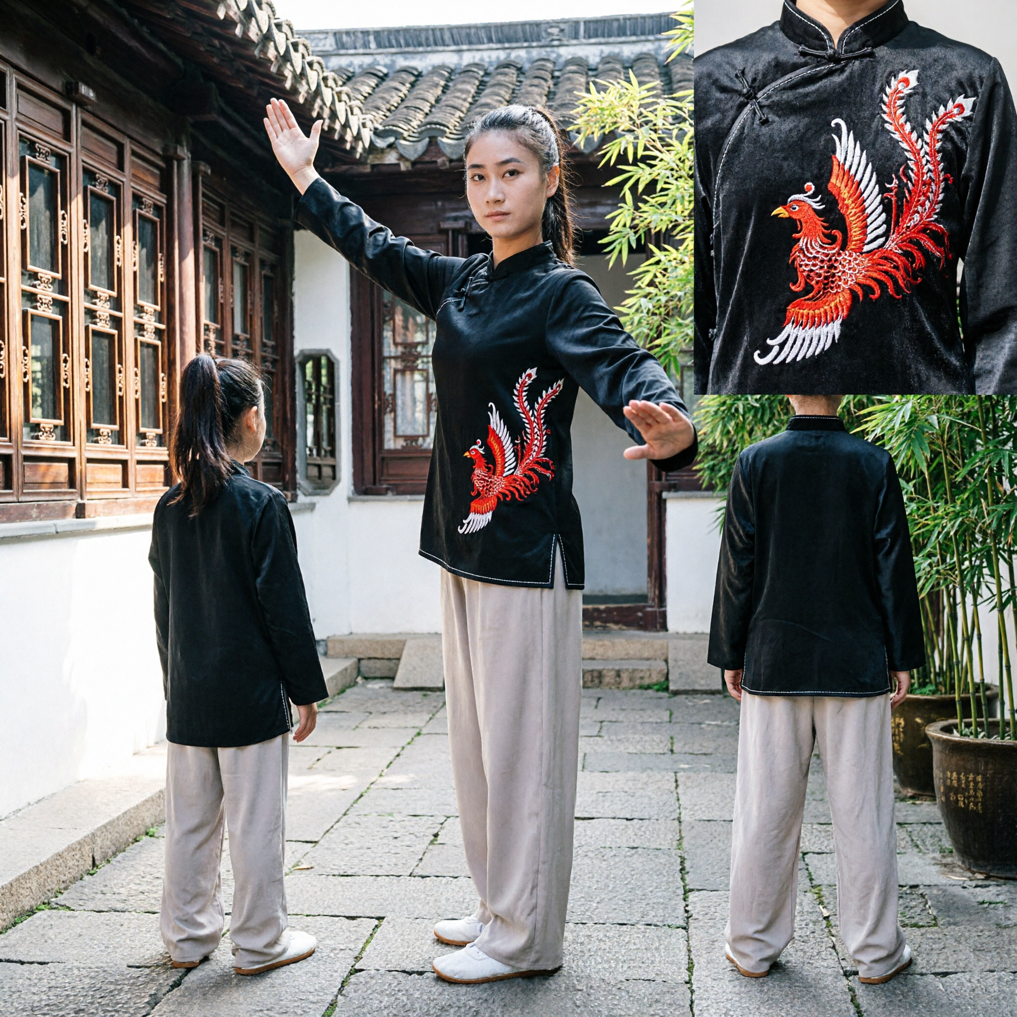 Kobiecy czarny uniform tai chi z czerwonym haftem feniksa, tradycyjny komplet odzieży kung fu wushu do sztuk walki - Asian Costume