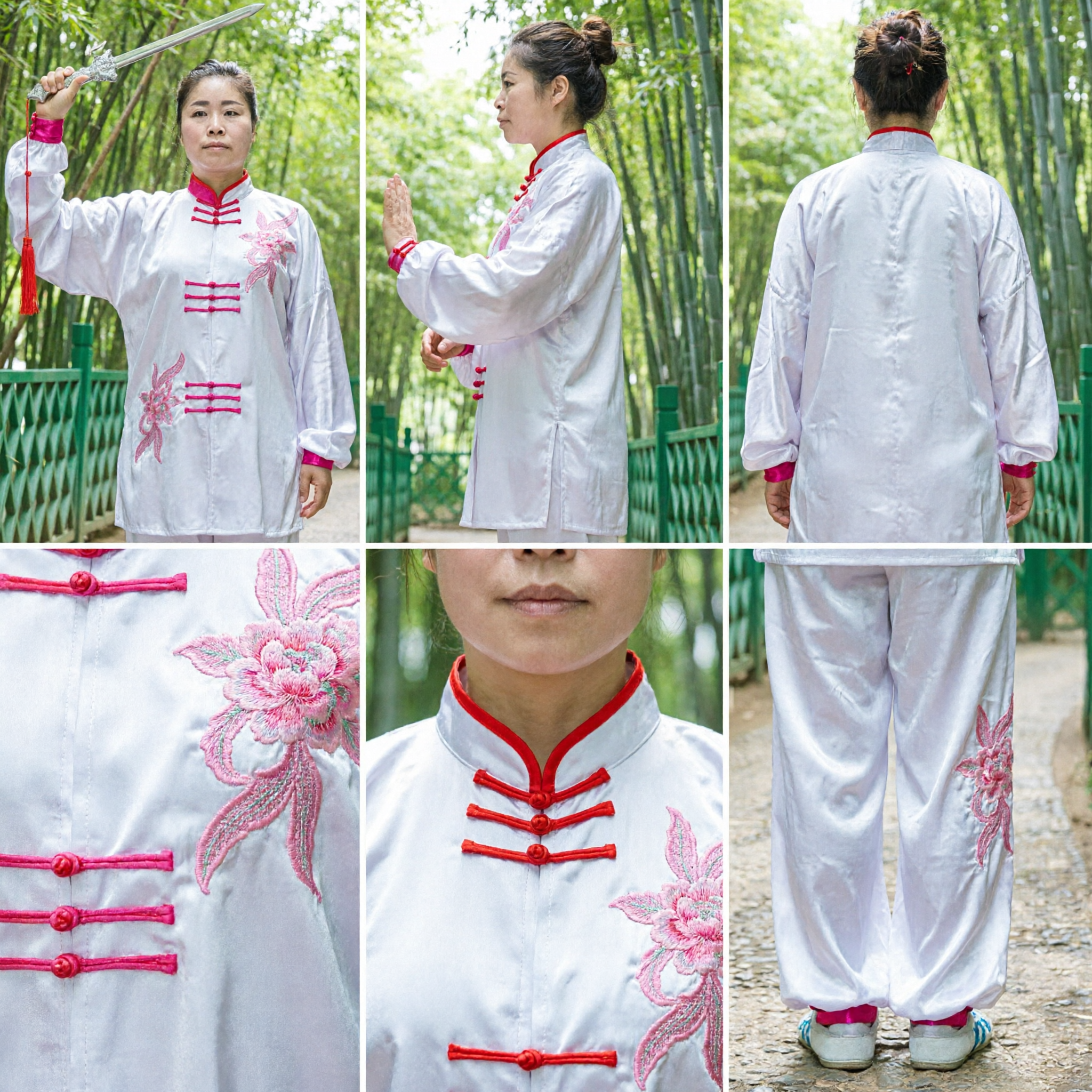 Set uniforme Tai Chi bianca per donne Costume tradizionale Kung Fu Wushu con ricamo rosa per allenamento - Asian Costume