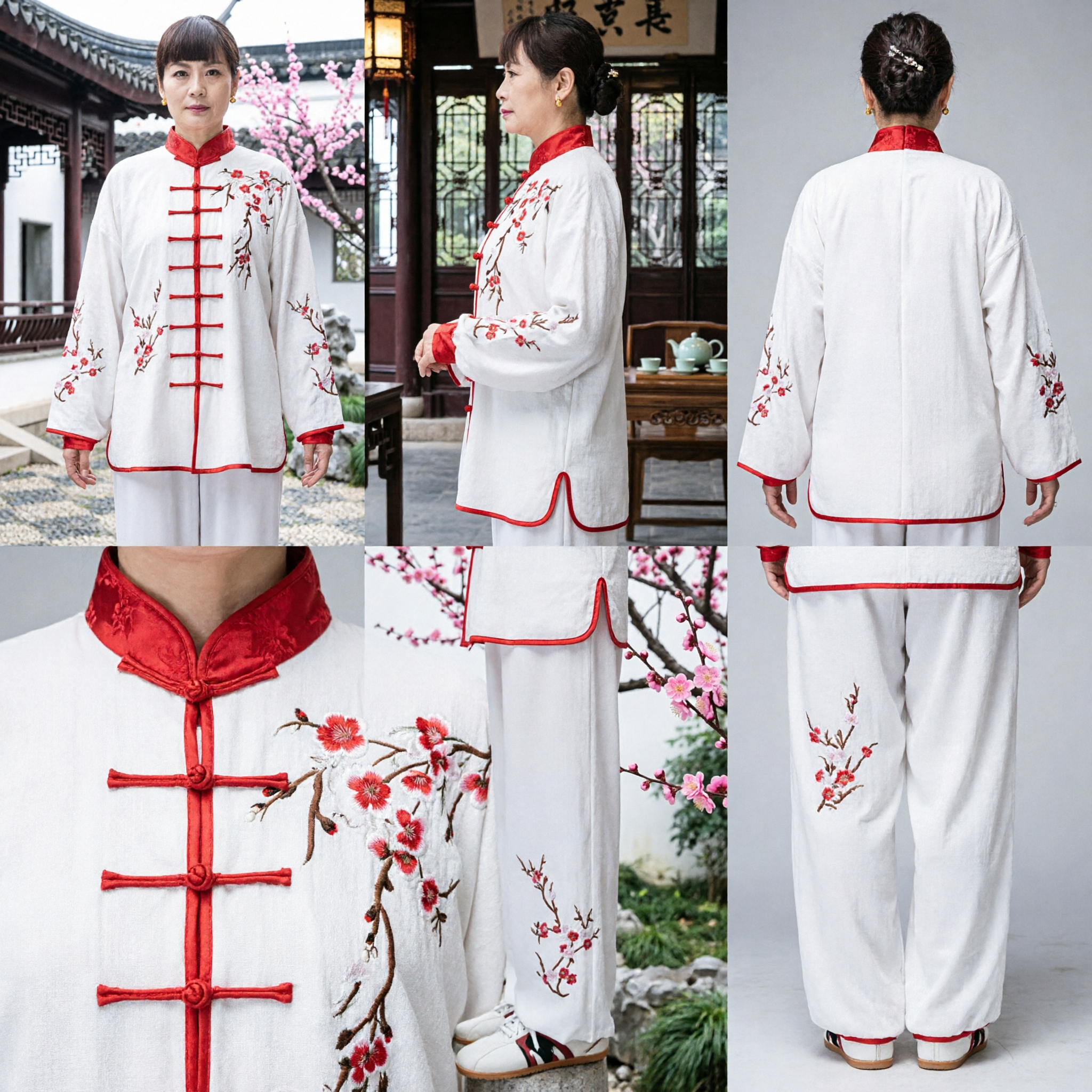 Conjunto de Ropa de Kung Fu de Artes Marciales Tradicional para Mujer, Uniforme de Tai Chi Blanco con Bordado de Flor de Ciruelo - Asian Costume