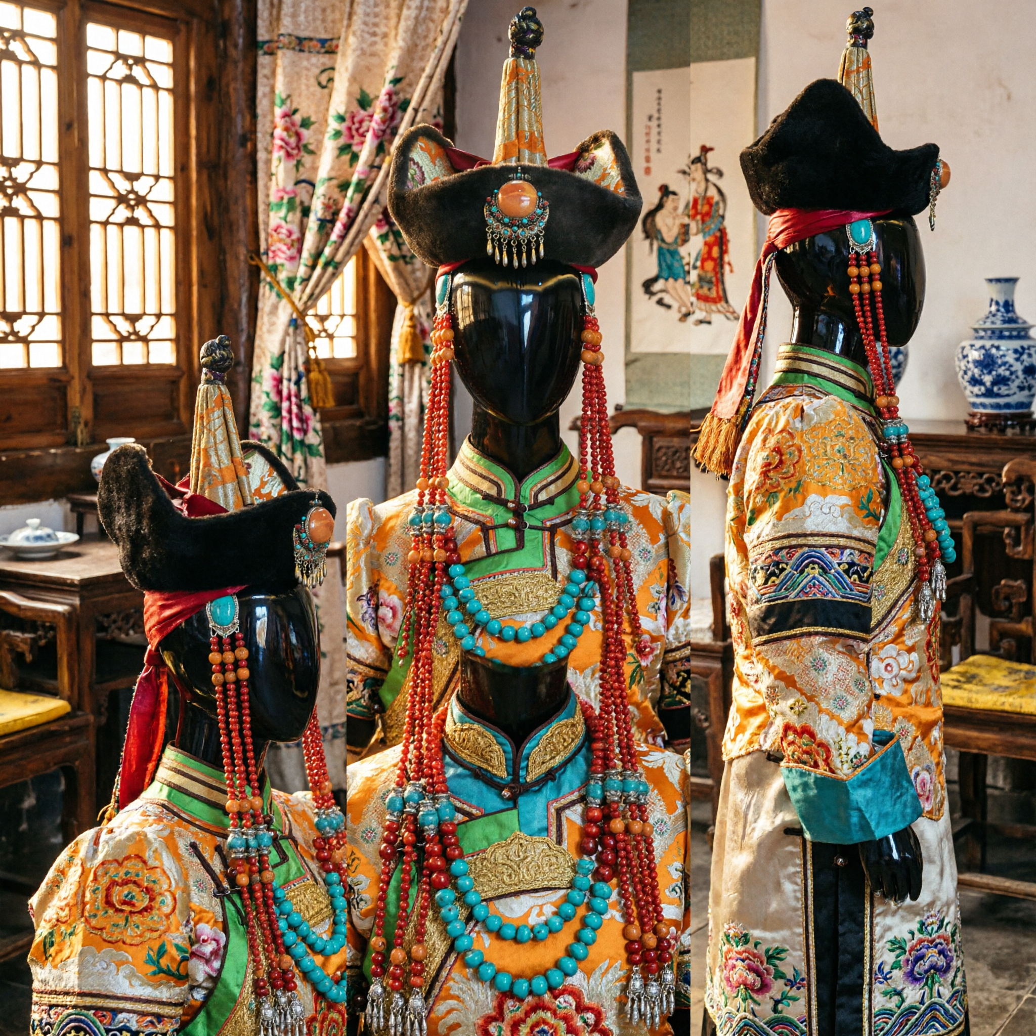 Tradycyjne mongolskie ślubne nakrycie głowy z koralikami koralowymi i zestawem biżuterii z turkusami dla kobiet, strój etniczny - Asian Costume