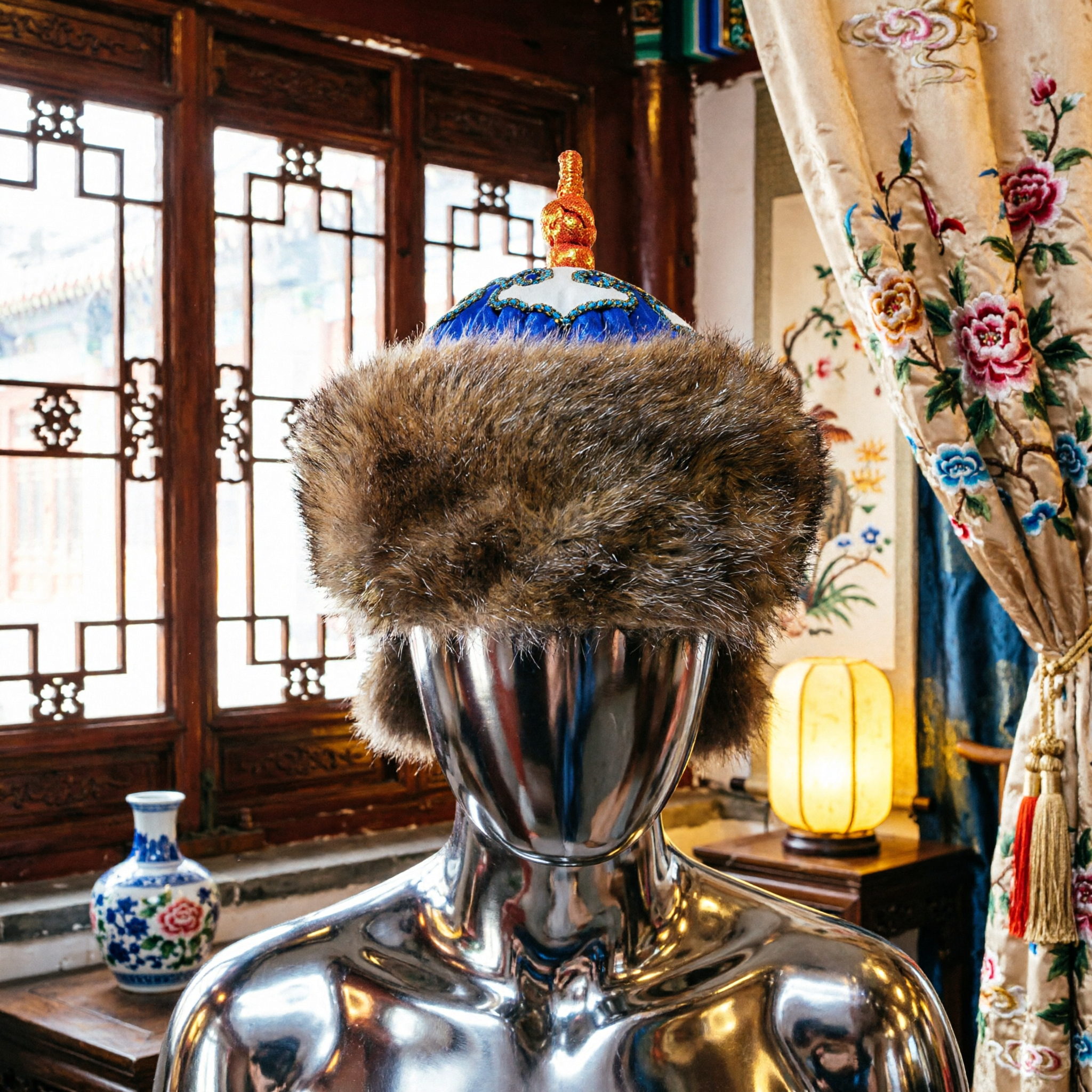 Tradycyjny chiński zimowy futrzany kapelusz z dynastii Qing, niebieski haftowany oficjalny czapka dla mężczyzn na cosplay Hanfu - Asian Costume