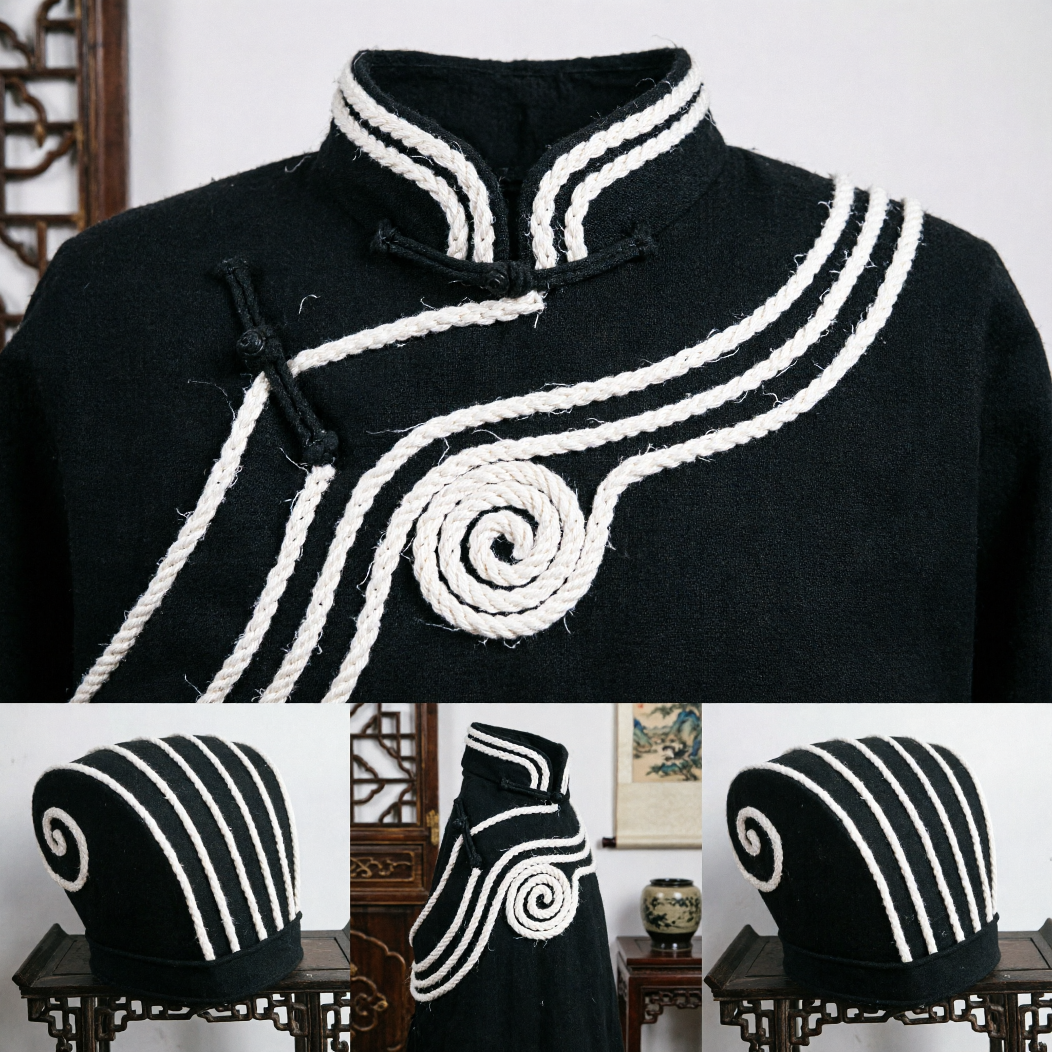 Tradycyjne chińskie czarne nakrycie głowy do opery z białym spiralnym wzorem sznura dla męskiego starożytnego stroju do występów - Asian Costume