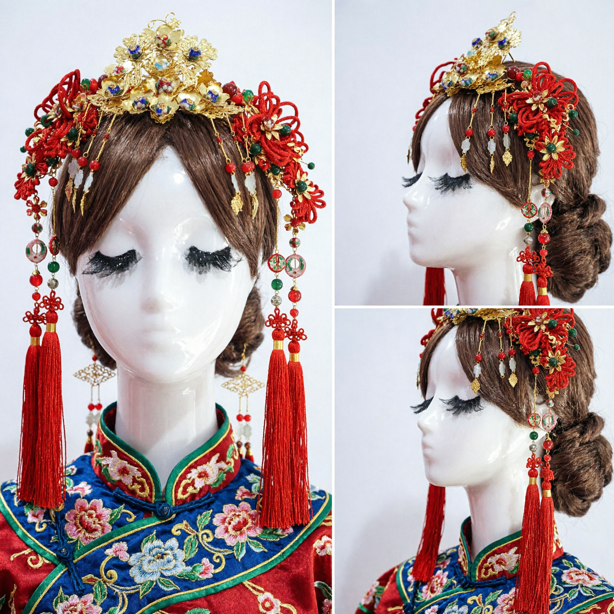 Accesorio para el Cabello de Boda Tradicional Chino, Corona Fénix Roja y Dorada, Tocado de Novia Hanfu para Mujeres - Asian Costume
