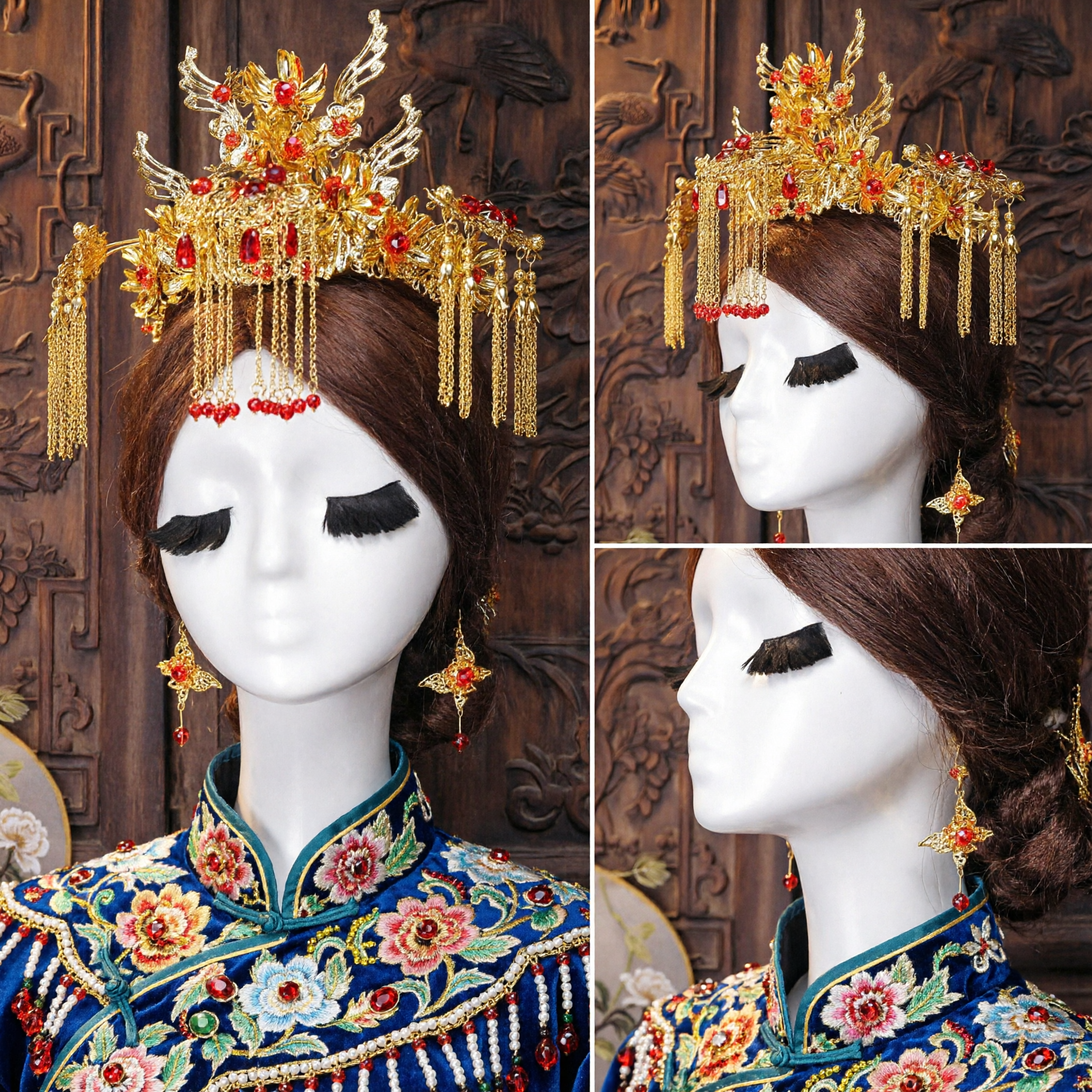 Traditional Chinese Wedding Phoenix Crown Gold Tassel Hairpiece Ancient Palace Style Hanfu Bridal Headwear Accessories for Women - Asian Costume