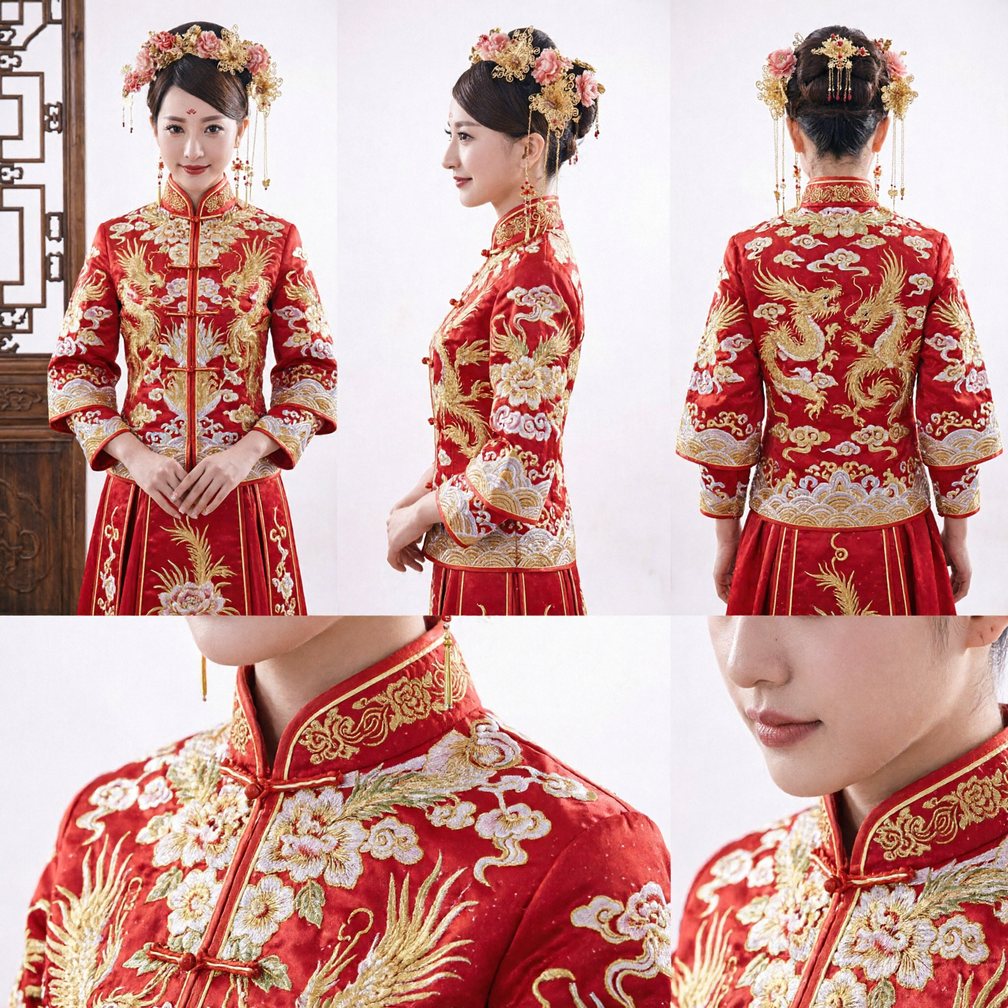 Coroa de Cabelo para Casamento Chinês Tradicional, Flor Dourada e Rosa, Acessório de Cabeça Hanfu Antigo para Noiva - Asian Costume