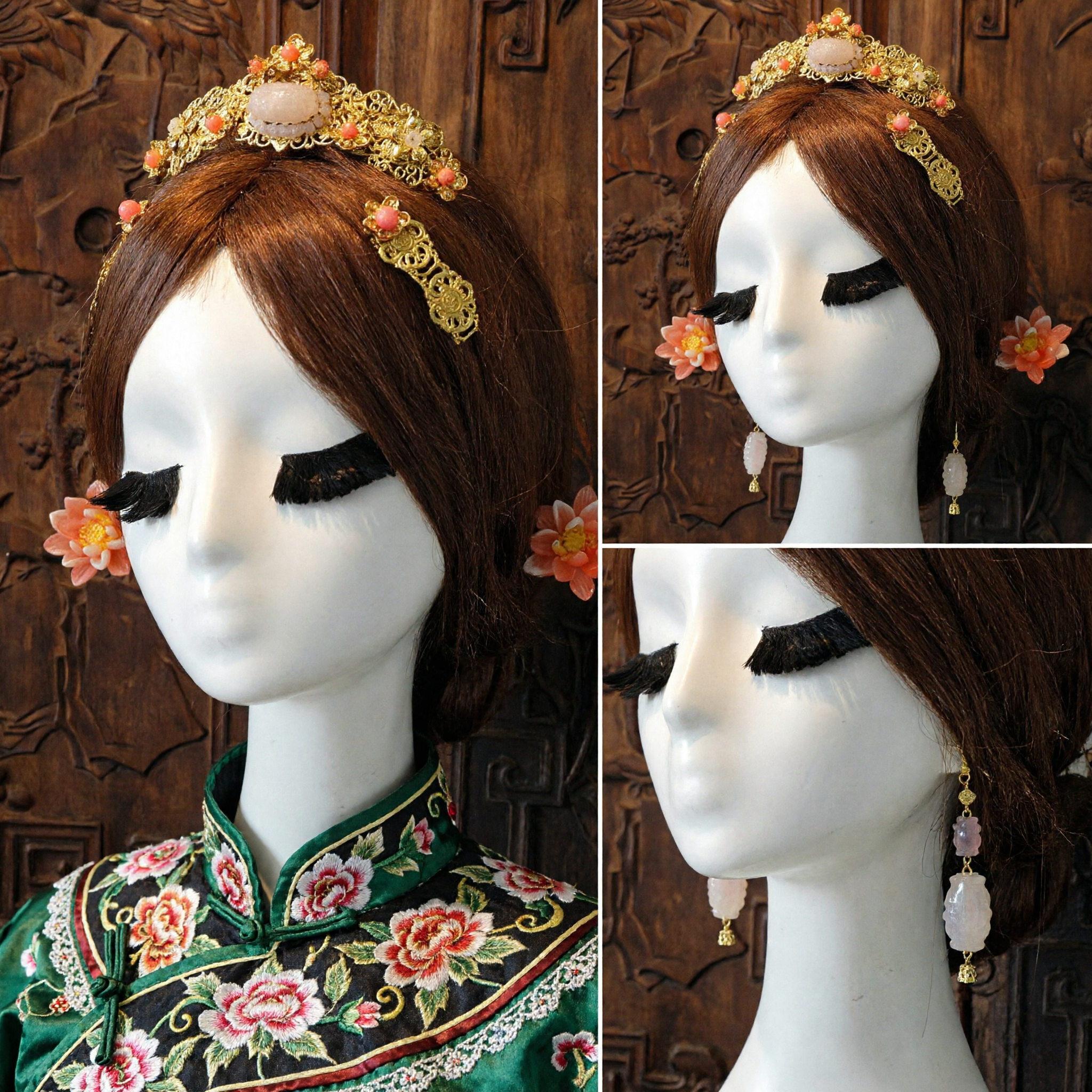 Juego de Accesorios de Cabello Hanfu Antiguo Chino, Corona de Filigrana Dorada con Ornamentos de Flor de Durazno para Boda y Cosplay - Asian Costume