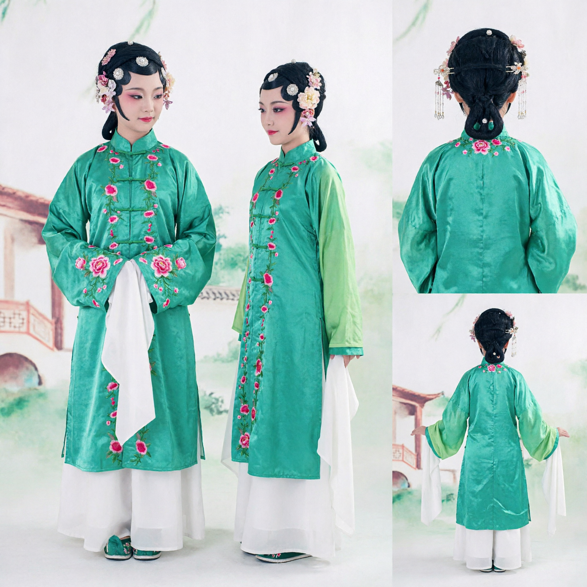Traje de Ópera Tradicional Chinês Conjunto Pai-Filho, Traje de Performance da Ópera de Pequim com Robe Verde e Traje de Estudante para Adultos e Crianças - Asian Costume