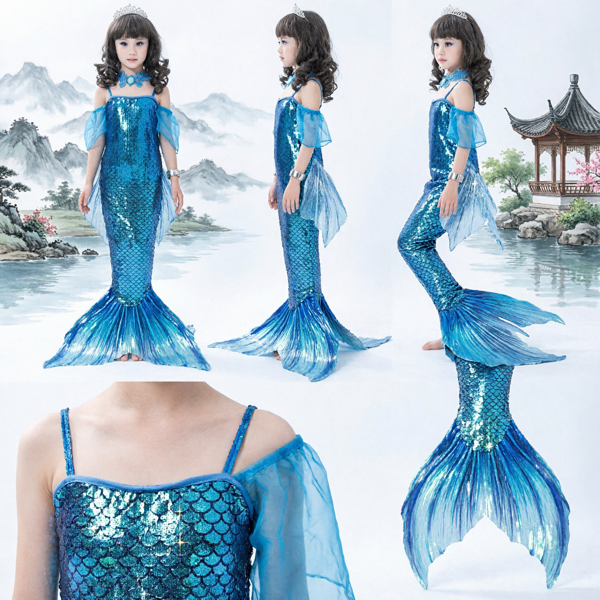 Mädchen blaues Meerjungfrauen-Prinzessinnen-Kostüm mit Schwanz für Kinder Fantasie-Verkleidung Halloween-Party Auftritt - Asian Costume