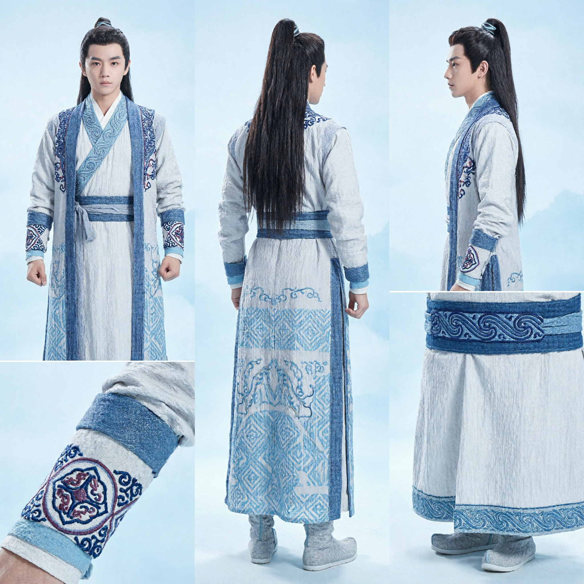 Traditionelles chinesisches Hanfu-Kostüm Antikes Schwertkämpfer Wuxia Kung Fu Outfit Blau-Weiß-Robe für Herren Cosplay - Asian Costume