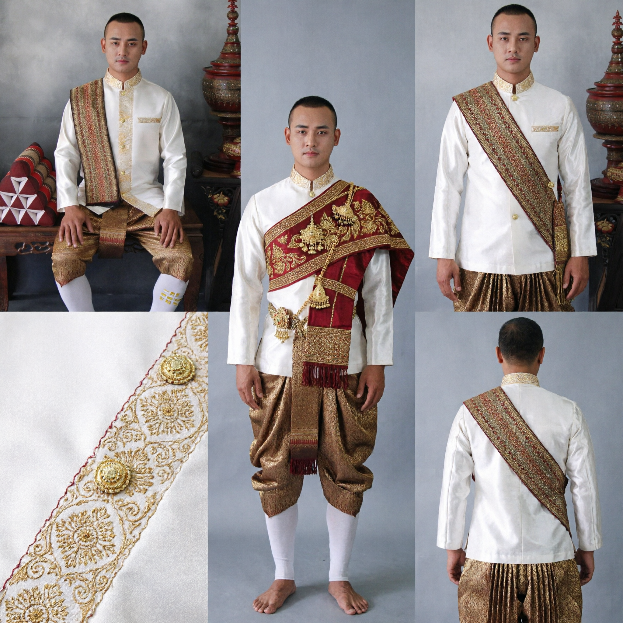 Herren traditionelles thailändisches Hochzeitskostüm Goldstickerei-Jacke Hose und Schärpe Set für Bräutigam - Asian Costume