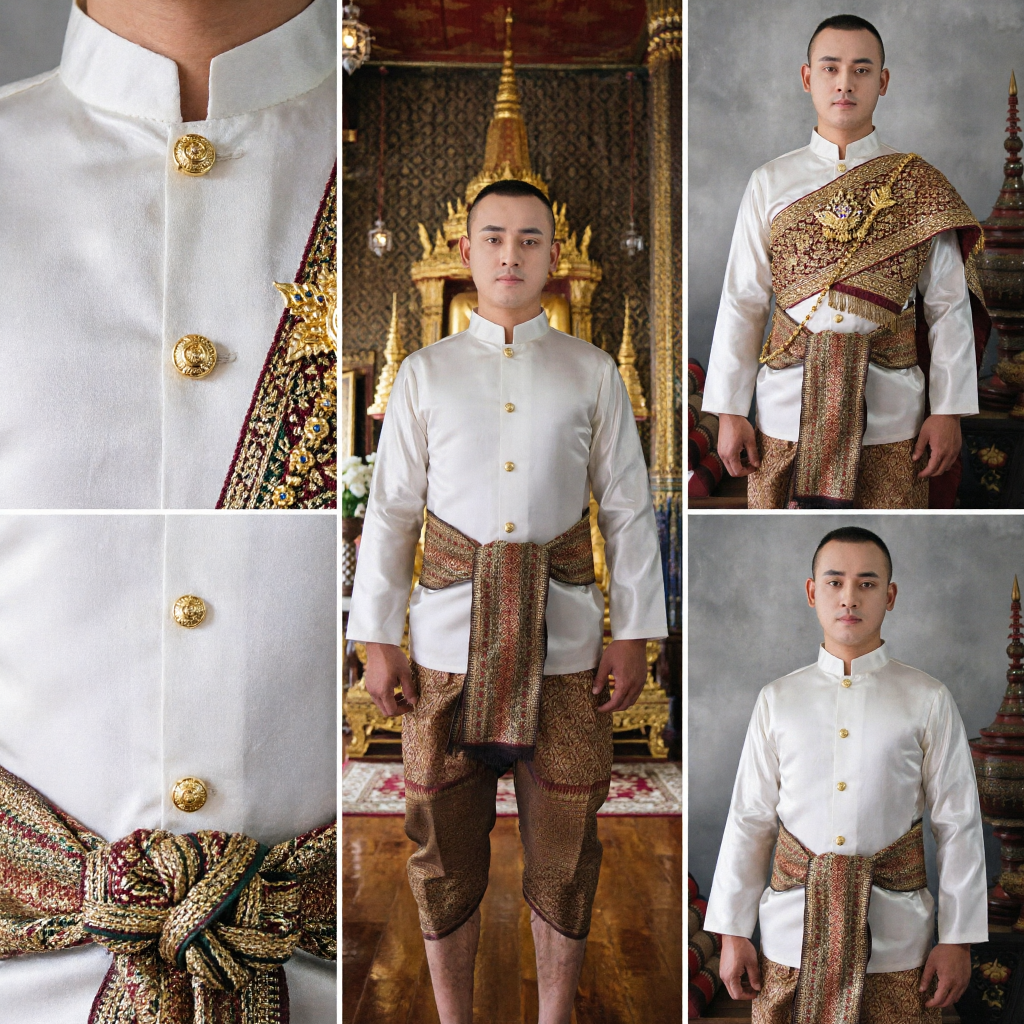 Traditionelles thailändisches Herren-Formalkostüm Weißes Mandarin-Kragen-Hemd mit Brokat-Schärpe für Hochzeiten und kulturelle Veranstaltungen - Asian Costume