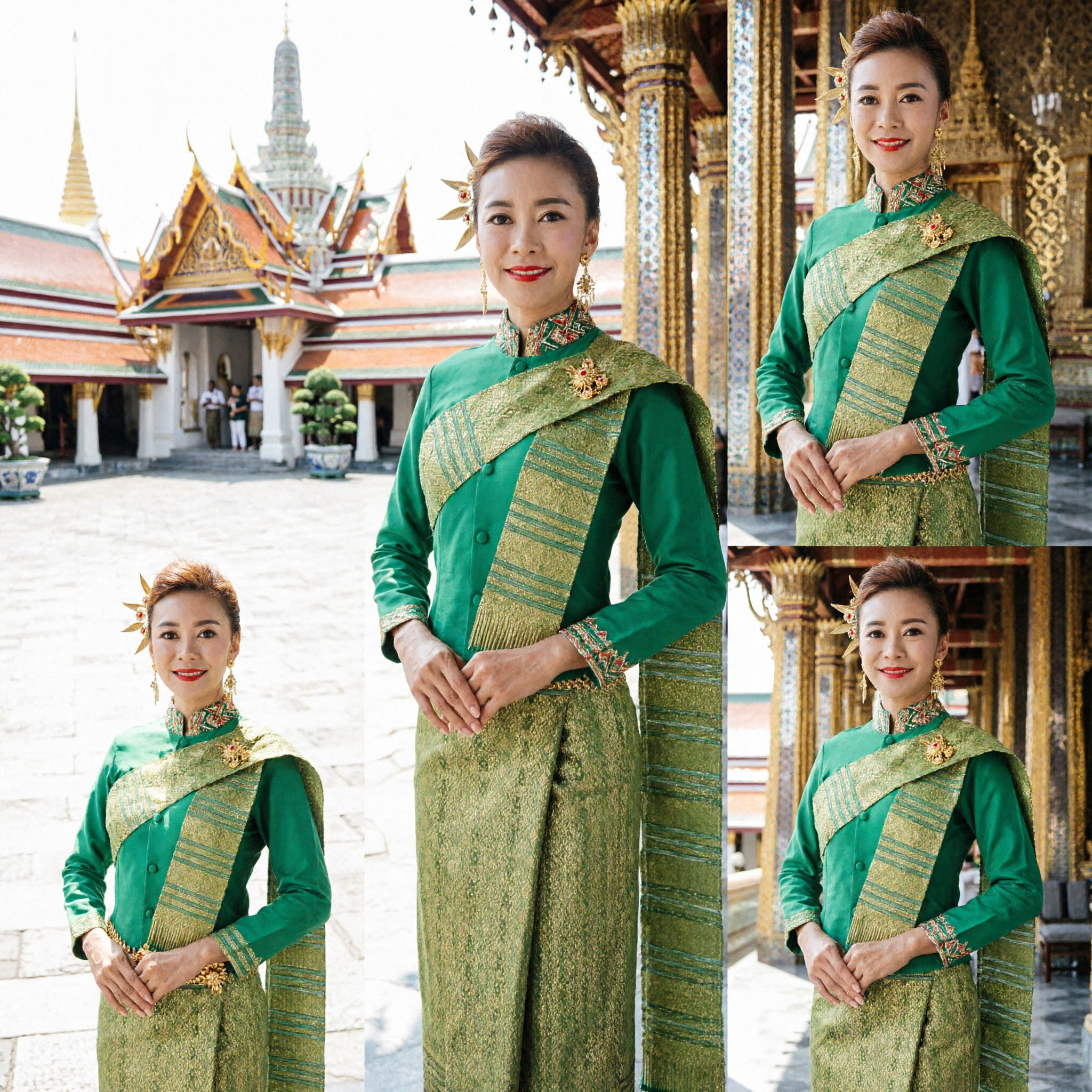 Set Elegante Thailandese Tradizionale Verde, Top Sabai e Gonna in Broccato per Donne, Costume da Cerimonia e Danza Formale - Asian Costume