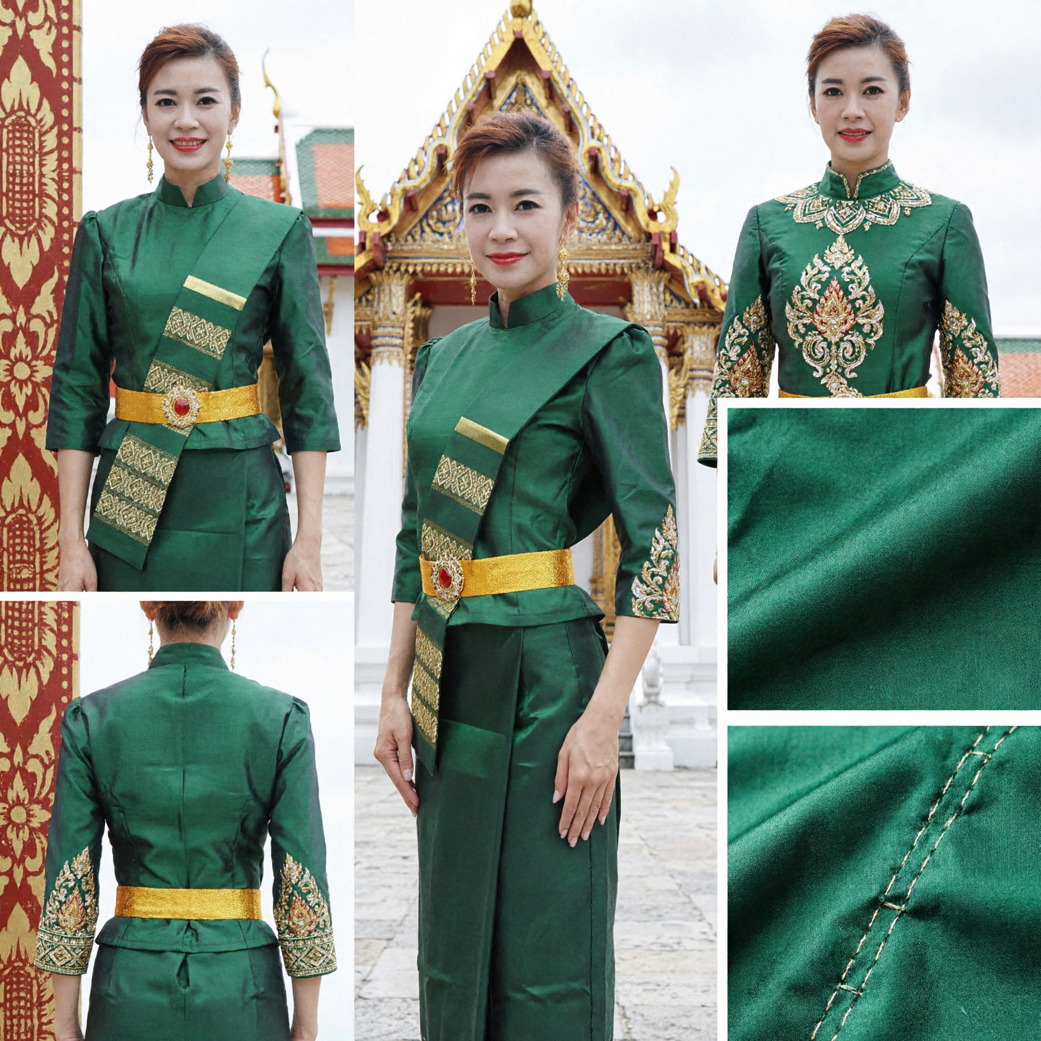 Costume Elegante Verde in Seta Tradizionale Thailandese per Donne, Abito Nazionale Formale Lao, Vestito Etnico - Asian Costume