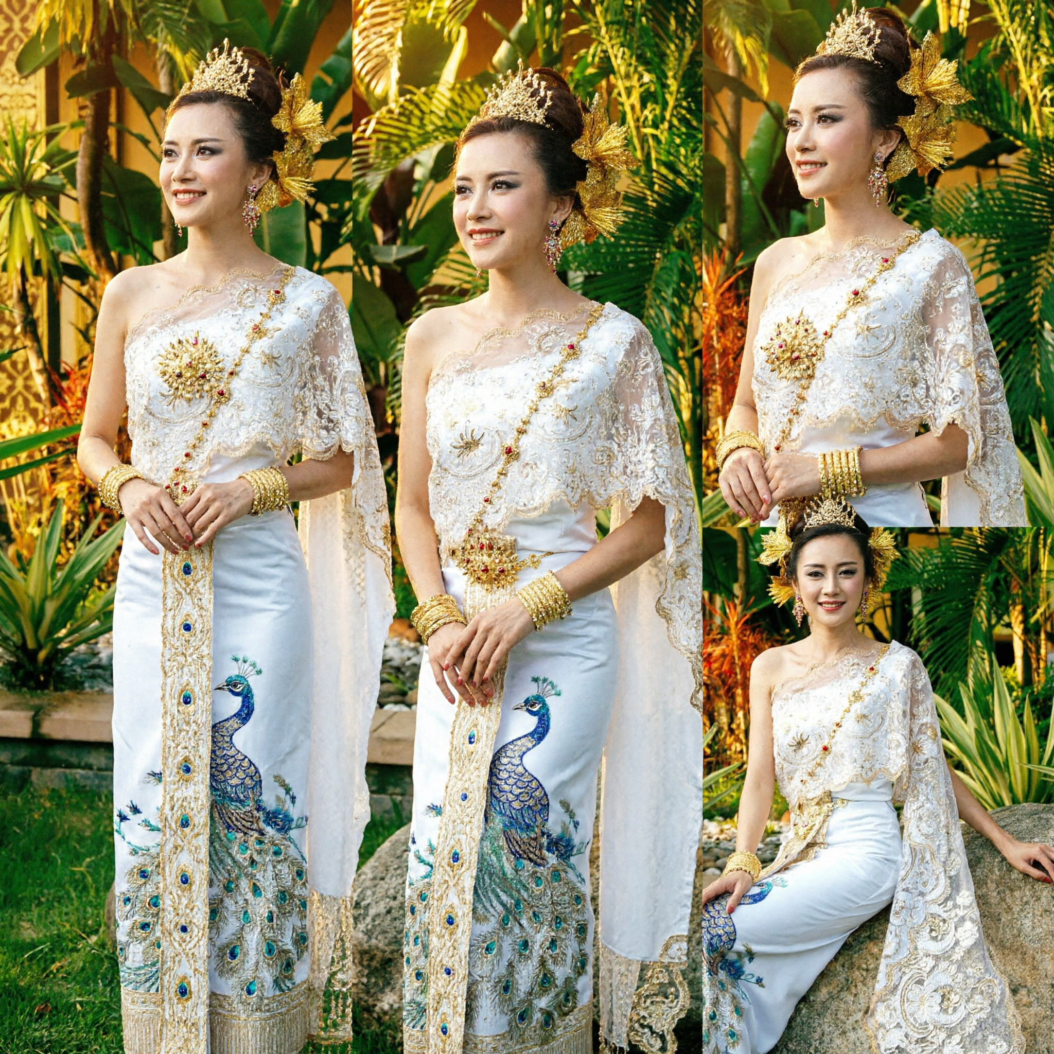 Abito Formale Tradizionale Thailandese Elegante con Top in Pizzo a Una Spalla e Gonna a Pavone per Donne da Matrimonio e Danza - Asian Costume