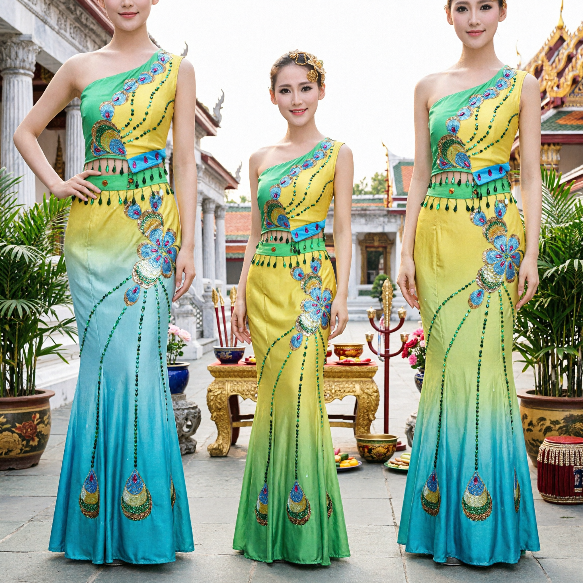 Traje de Dança do Pavão da Etnia Dai Tradicional Chinês - Vestido de Palco em Gradiente Amarelo e Verde para Mulheres - Asian Costume