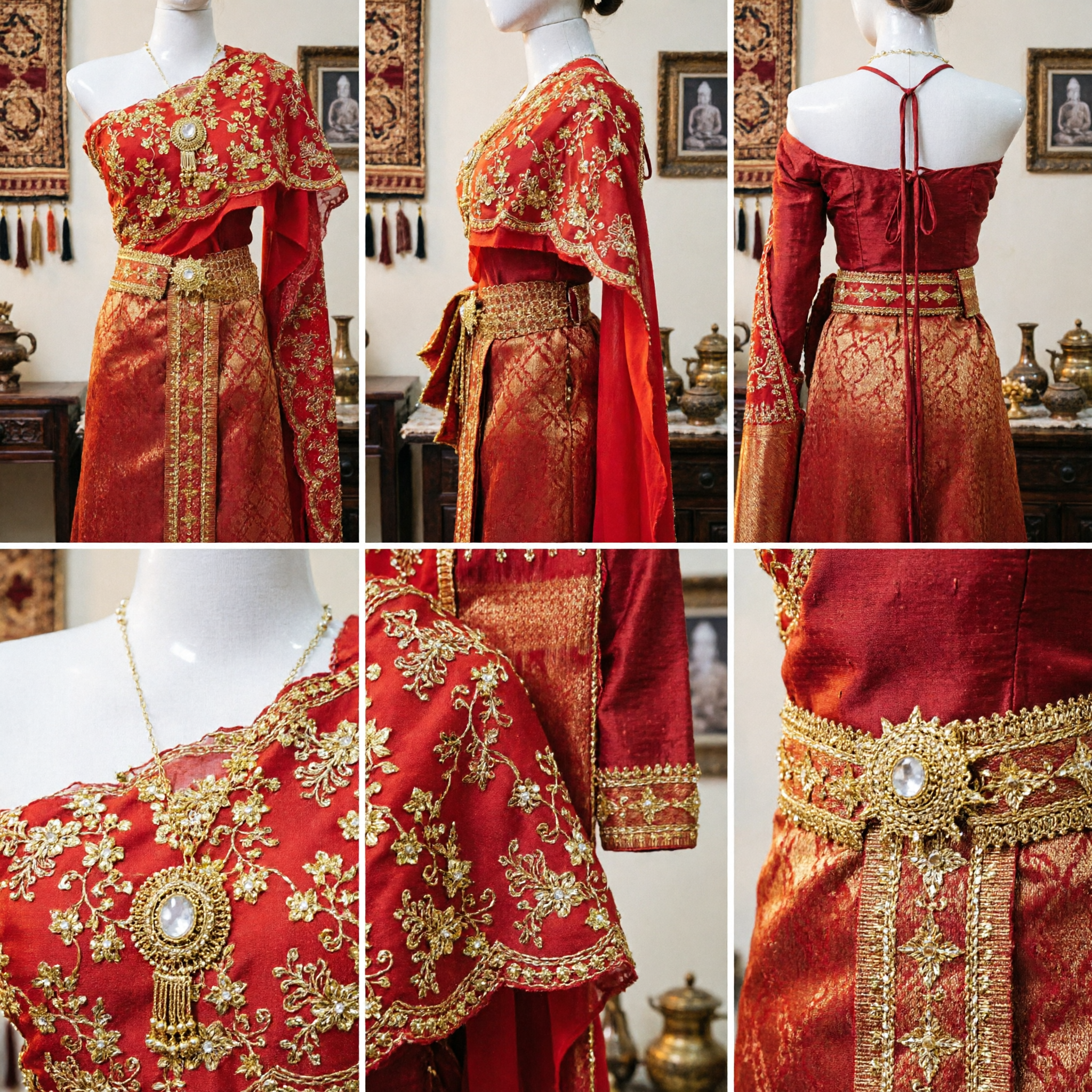 Exquisites rotes thailändisches traditionelles Hochzeitskostüm mit Goldbrokat Sabai und Sinh für Brautzeremonien - Asian Costume
