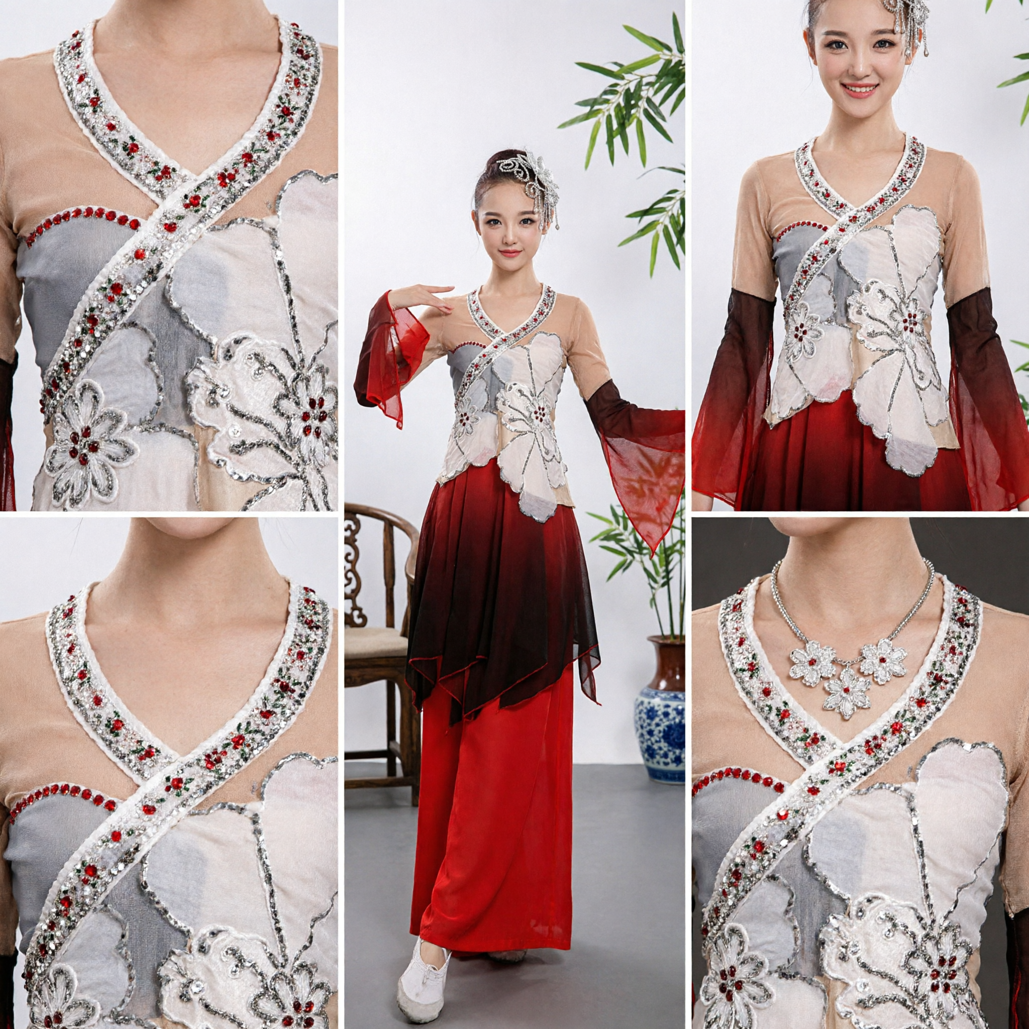 Traje de Dança Clássica Chinesa Tradicional para Mulheres Saia em Gradiente Vermelho e Corpete Floral Vestido para Performance no Palco - Asian Costume