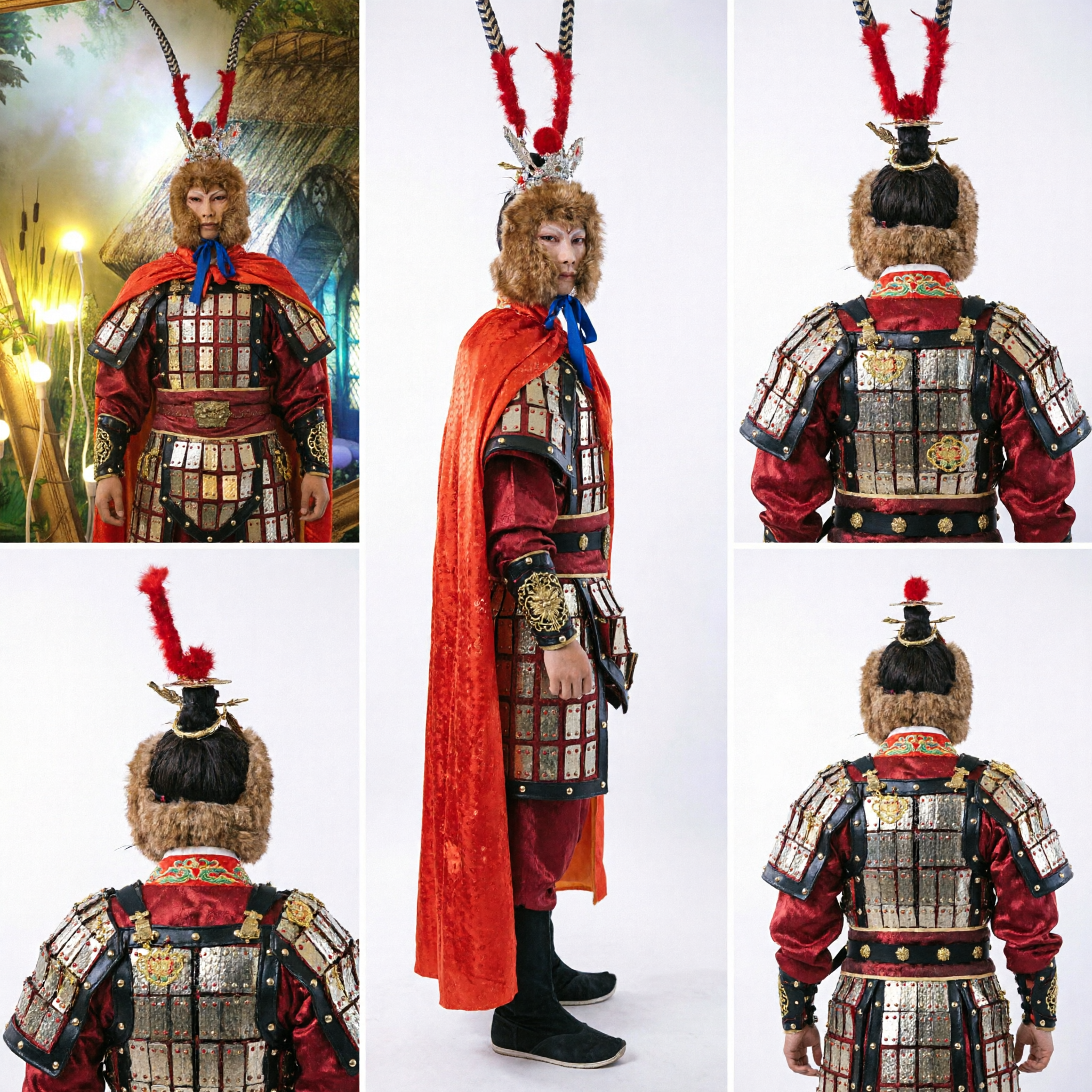 Reis naar het Westen Sun Wukong Apenkoning Cosplay Kostuum met Traditioneel Harnas en Rode Cape voor Volwassenen - Asian Costume