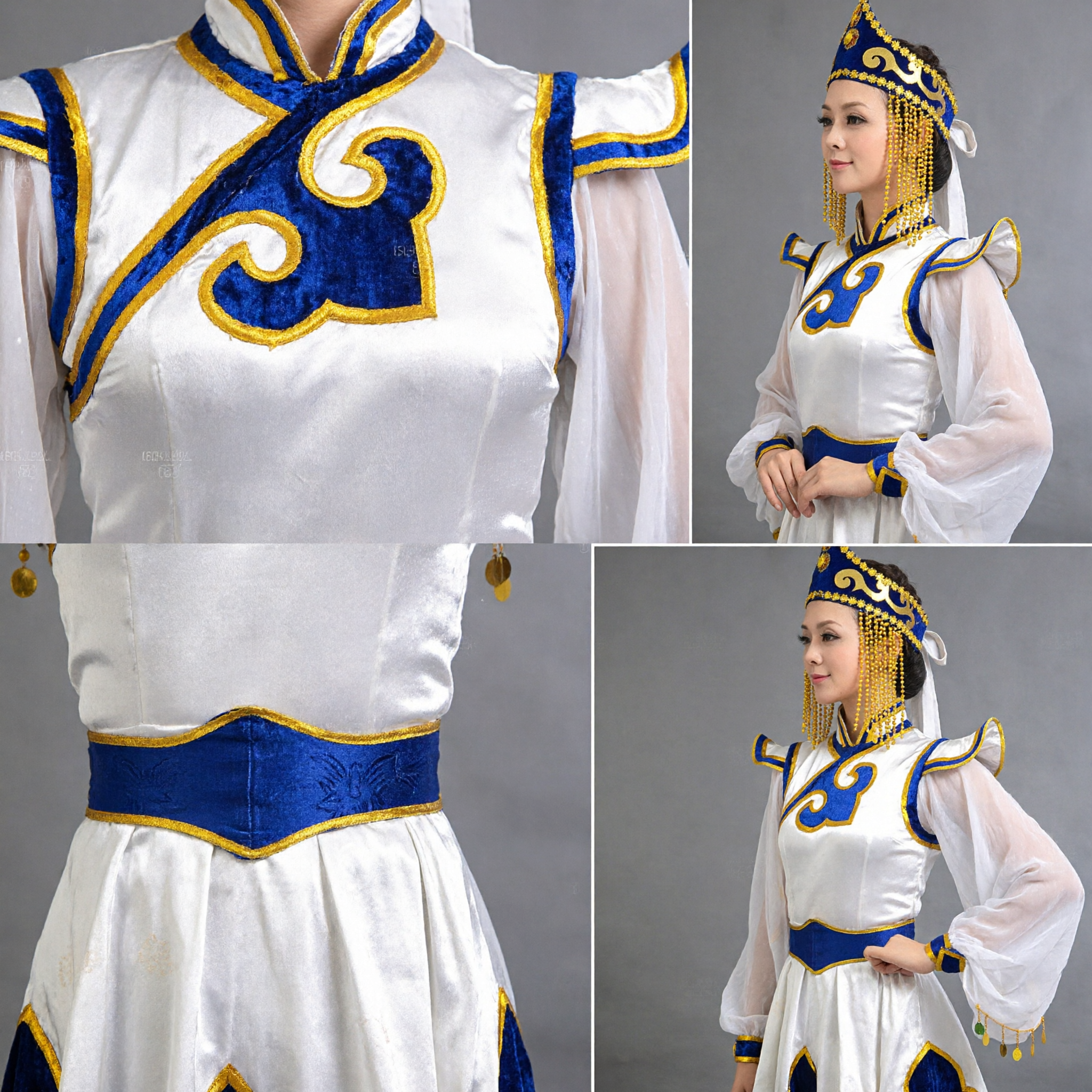 Traje de Dança Folclórica Mongol Tradicional para Mulheres Vestido de Performance Étnico em Azul e Branco com Toucado de Miçangas - Asian Costume
