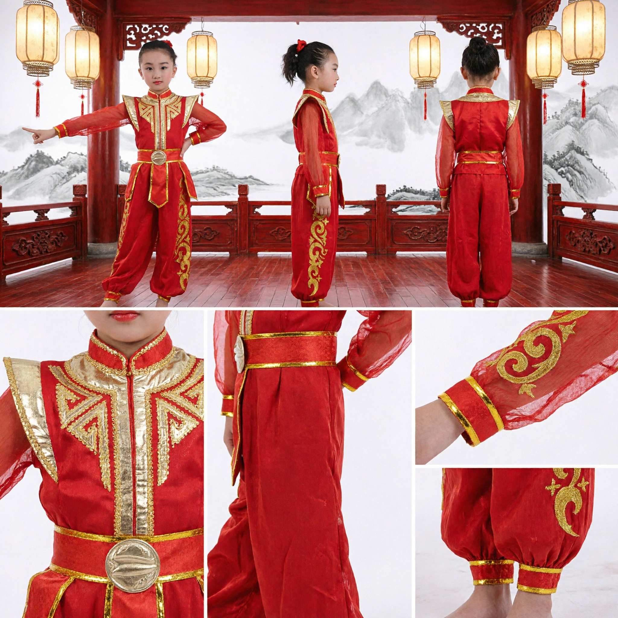 Traje de Kung Fu Chino Tradicional Rojo para Niñas Conjunto para Actuaciones de Danza y Wushu en Escenario - Asian Costume