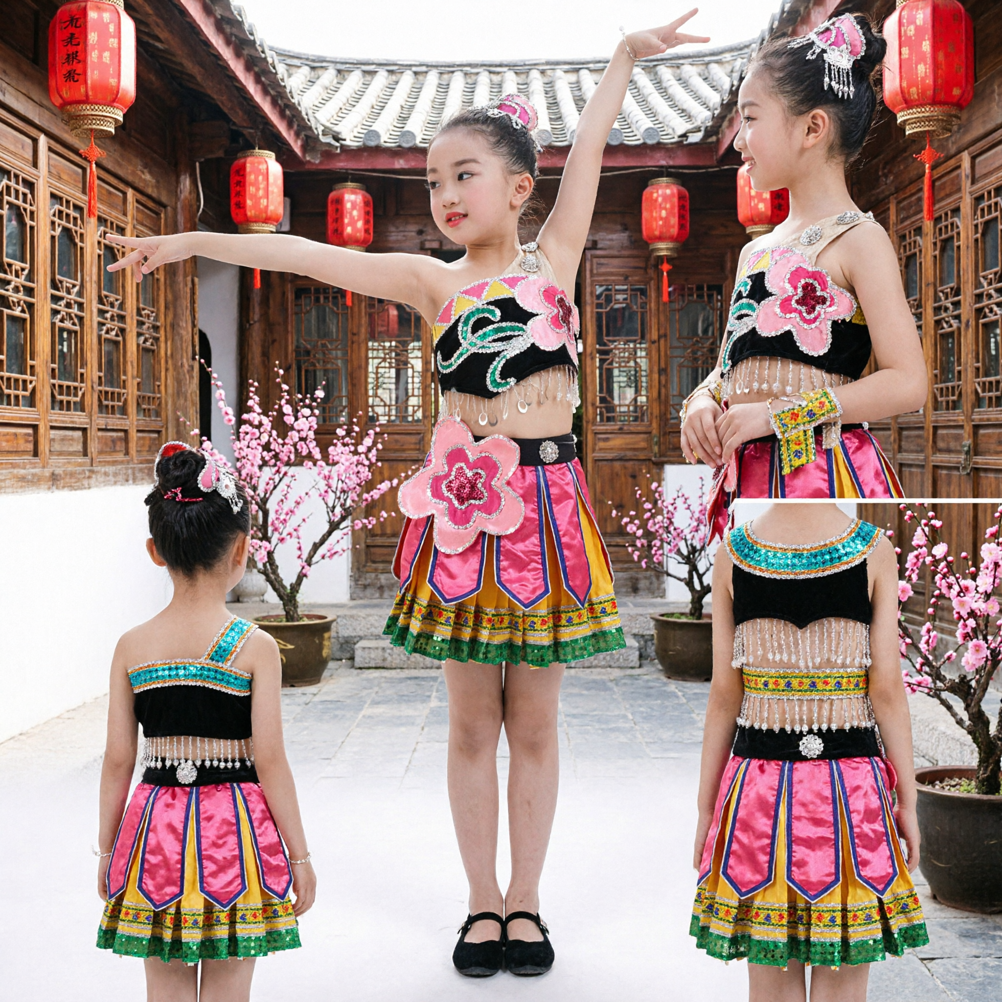 Kinderen Chinees Etnisch Danskostuum Meisjes Traditionele Minderheid Podiumoptreden Jurk Kleurrijke Outfit - Asian Costume