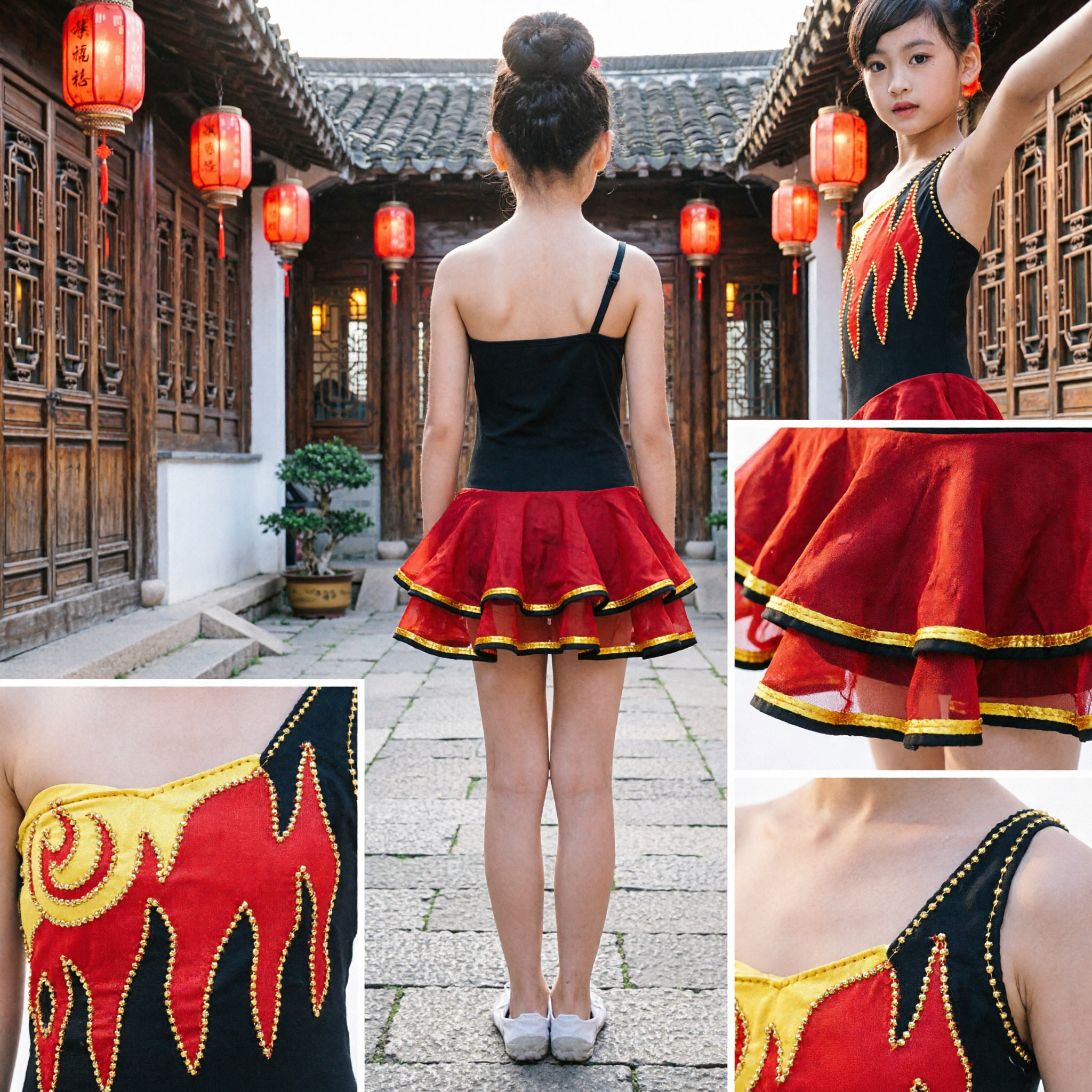 Vestido de Baile Latino para Niñas Diseño de Llama Rojo y Negro Traje de Actuación de Salón para Recitales Infantil - Asian Costume