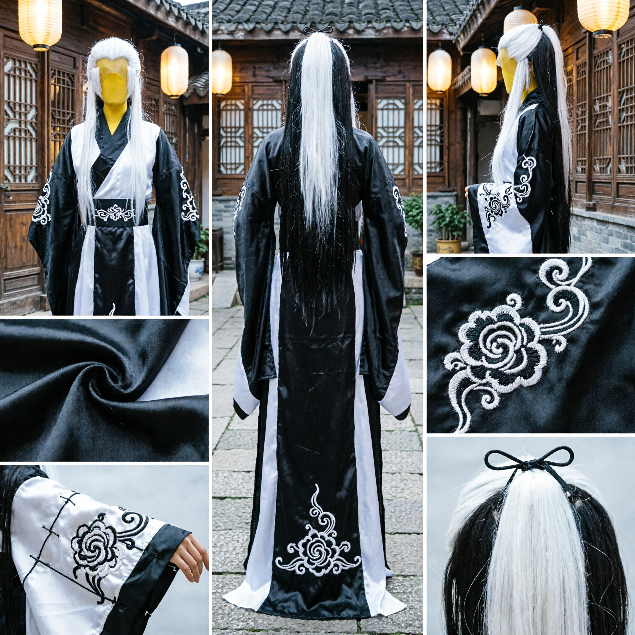 Peruca Longa de Rabo de Cavalo Alto Preto e Branco para Cosplay Tradicional Chinês Wuxia Fantasia Antiga - Asian Costume