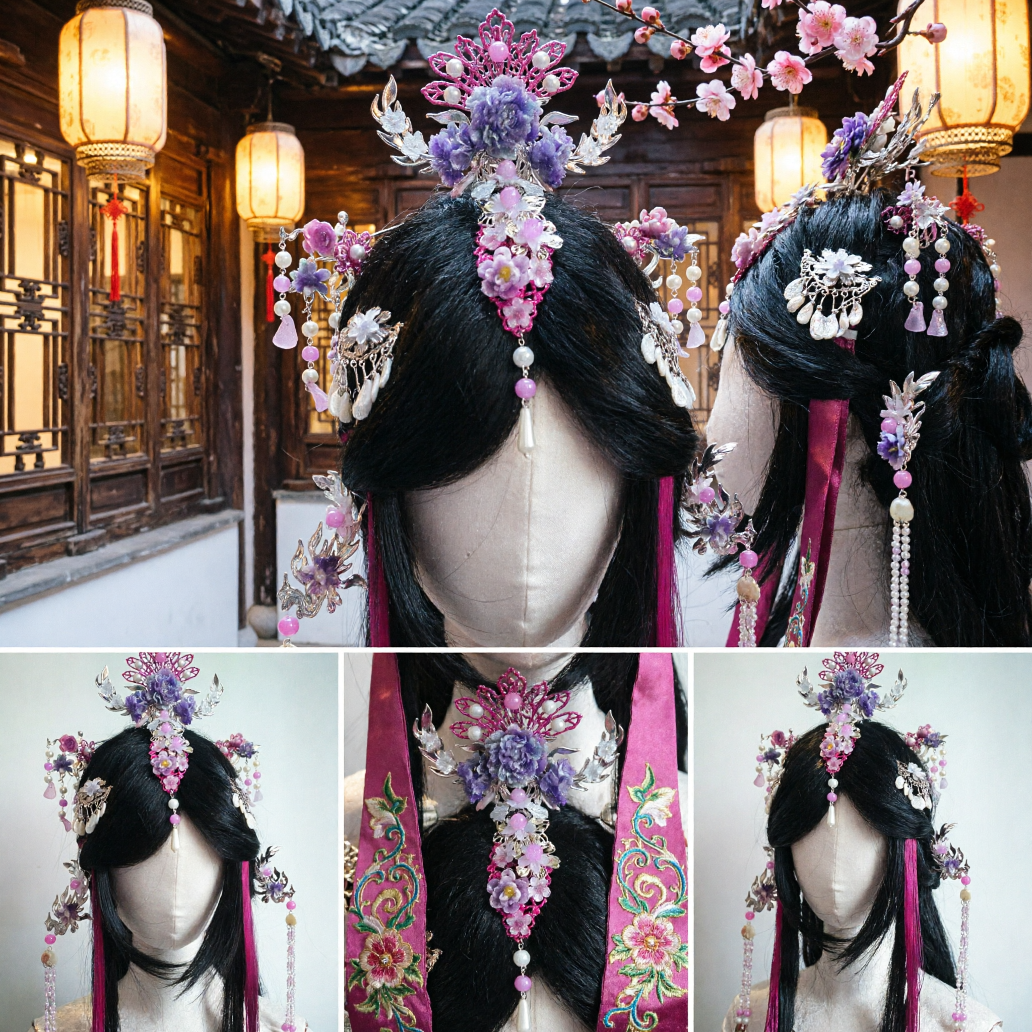 Elegante lila Blumen-Phönix-Krone-Haaraccessoires traditioneller chinesischer Hanfu-Kopfschmuck für Frauen - Asian Costume