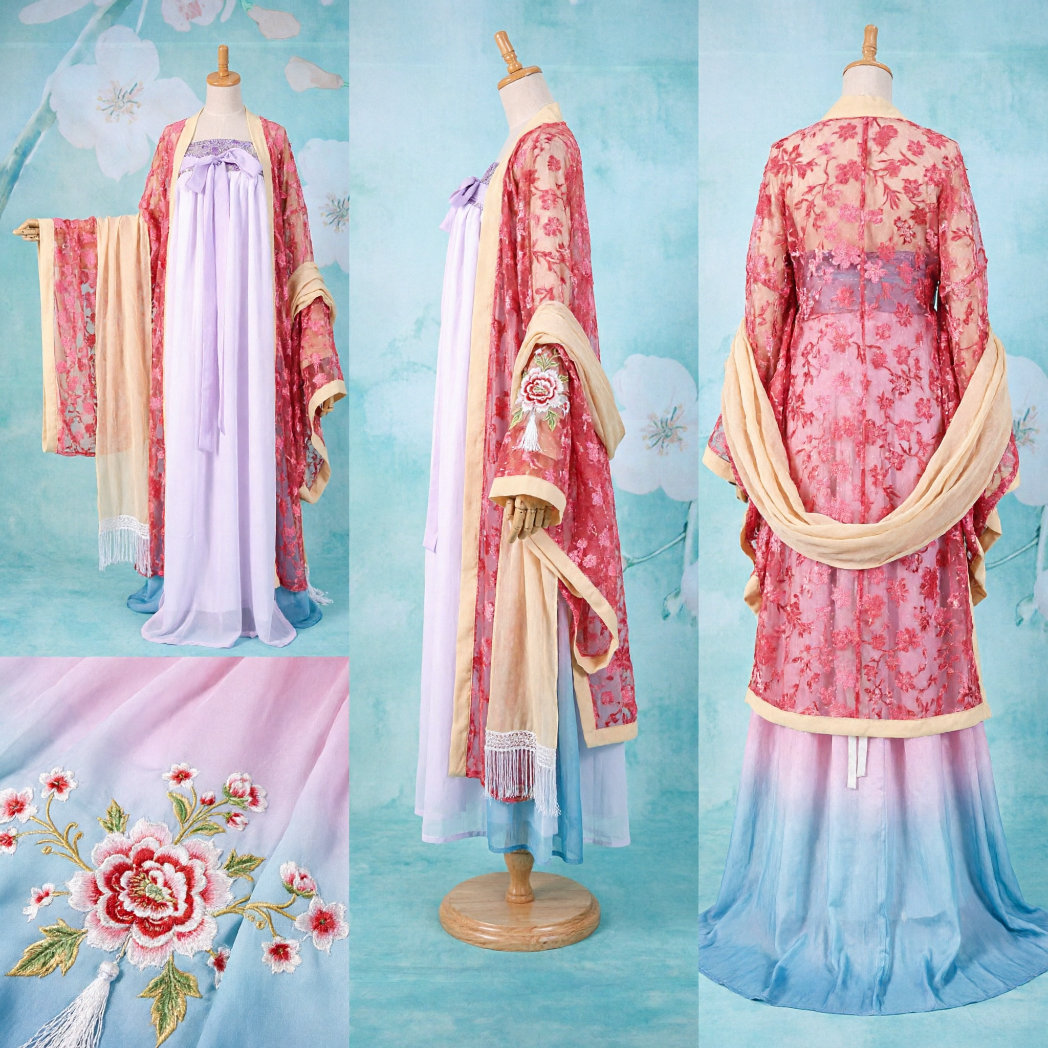 Traditionelles chinesisches Hanfu Antikes Kostüm Tang-Dynastie Feenkleid Lila Robe mit rosa floralem Umhang für Frauen - Asian Costume