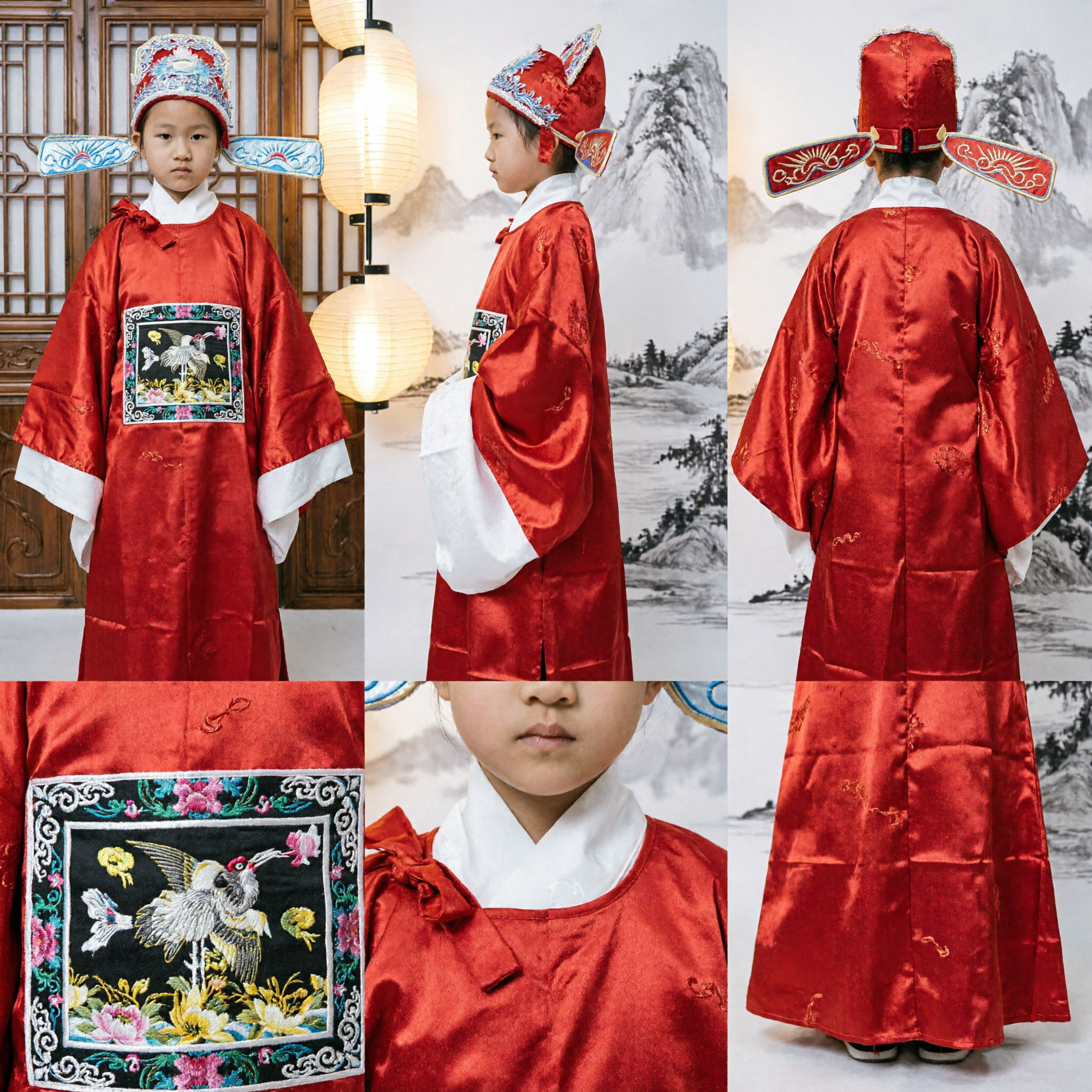 전통 중국 고대 학자 의상 어린이 남아용 빨간 로브 관료 모자 세트 공연 복장 - Asian Costume