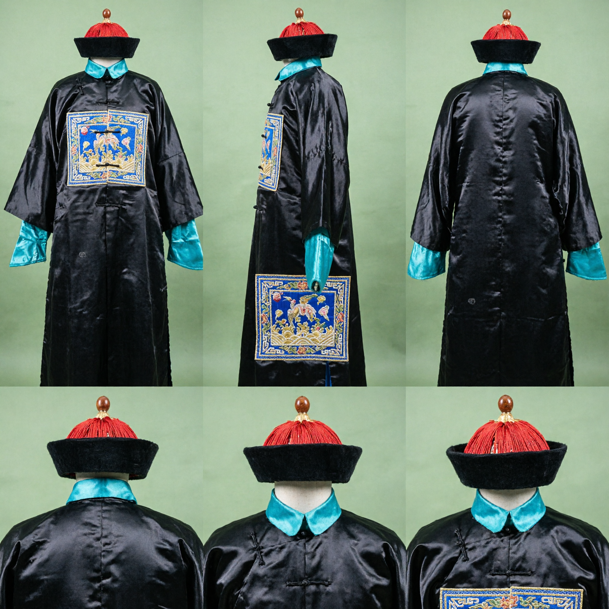 Veste Ufficiale Dinastia Qing Costume Cinese Tradizionale Completo Quadrato Mandarino Nero con Cappello per Uomini - Asian Costume