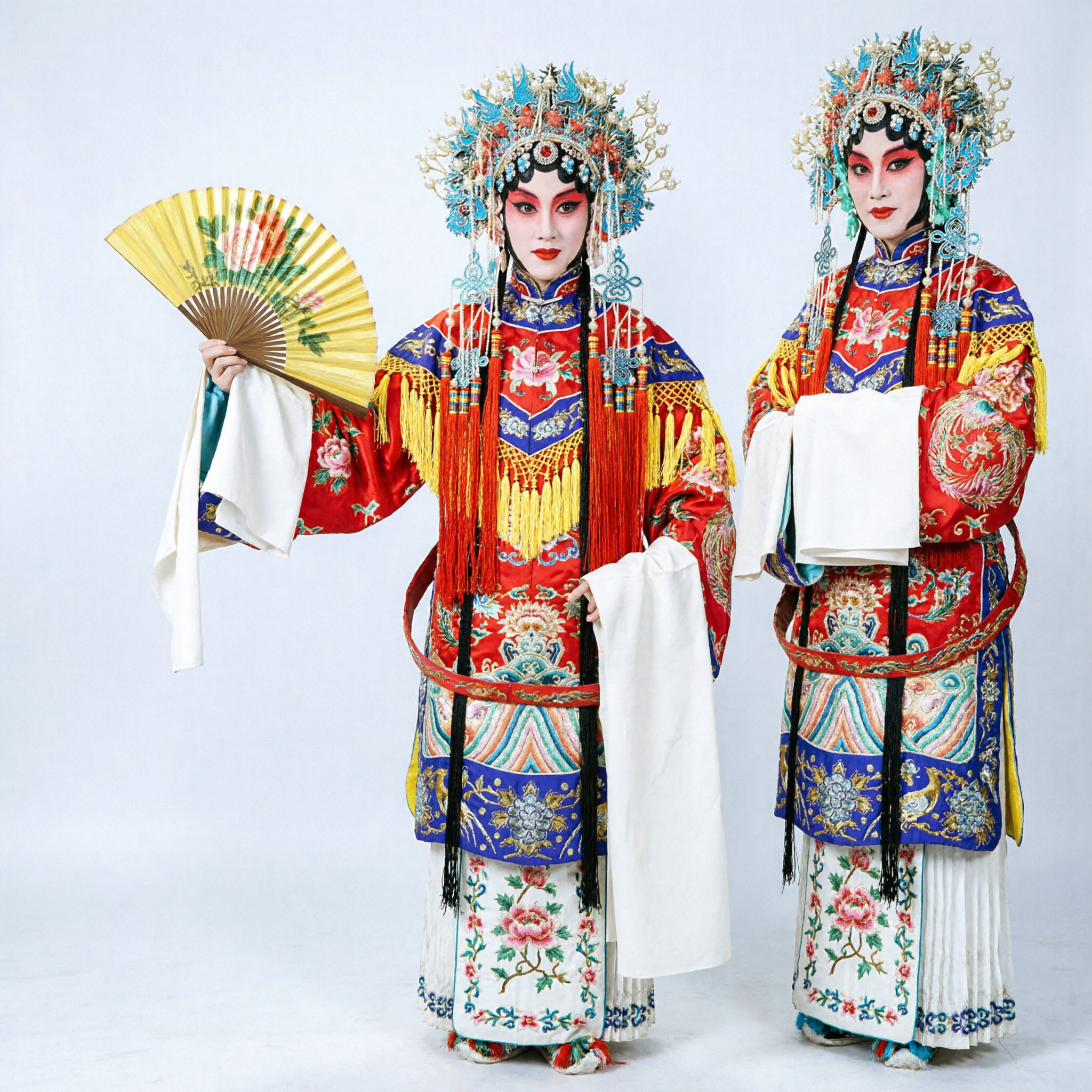 전통 중국 베이징 경극 의상 완전 세트 자수 로브 봉황 머리장식과 부채 공연용 - Asian Costume