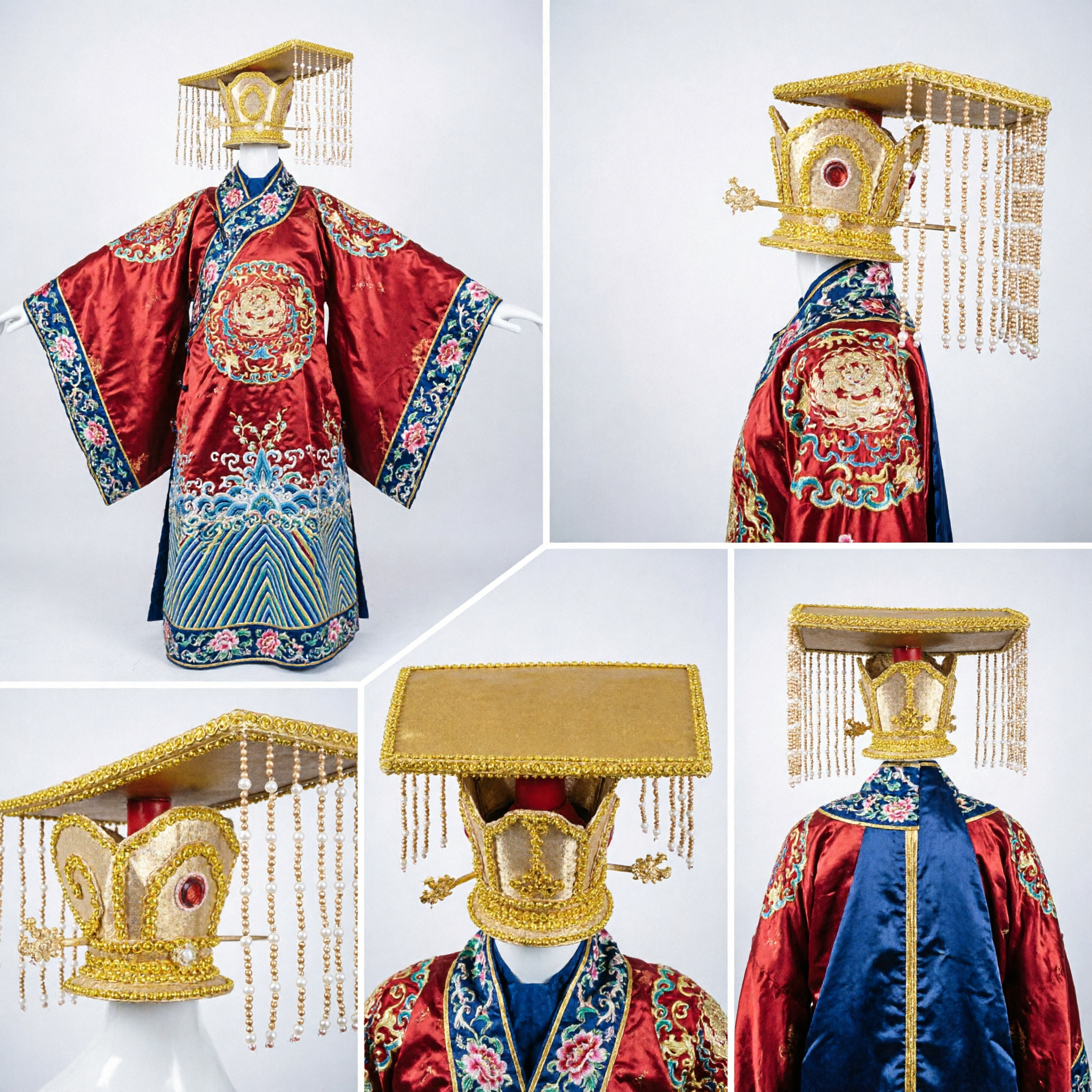 Coroa de Imperador Chinês Antigo Chapéu com Contas Douradas e Borlas Adereço de Cabeça Hanfu Tradicional para Cosplay e Performance Masculina em Palco - Asian Costume