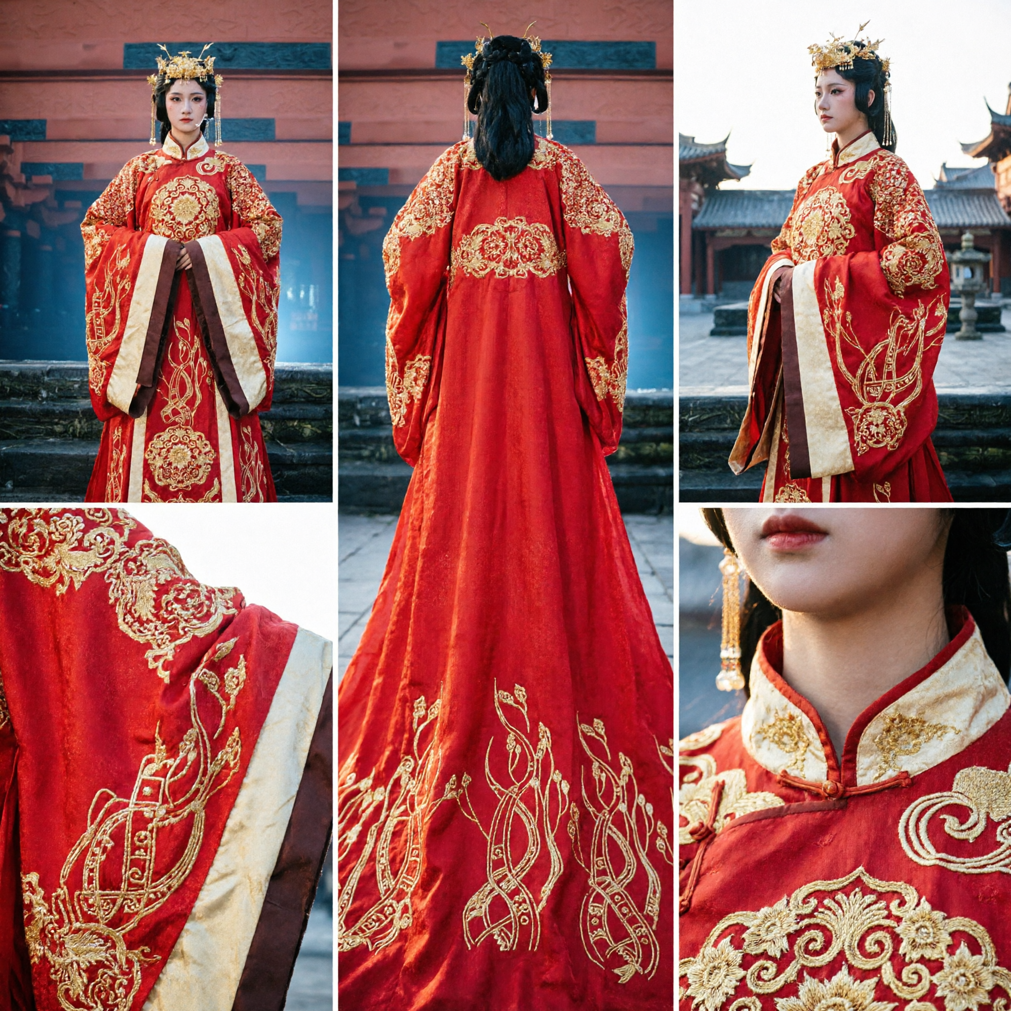 赤い伝統的中国漢服ウェディングドレス 金糸刺繍古代衣装 女性用フォーマルオケージョン - Asian Costume