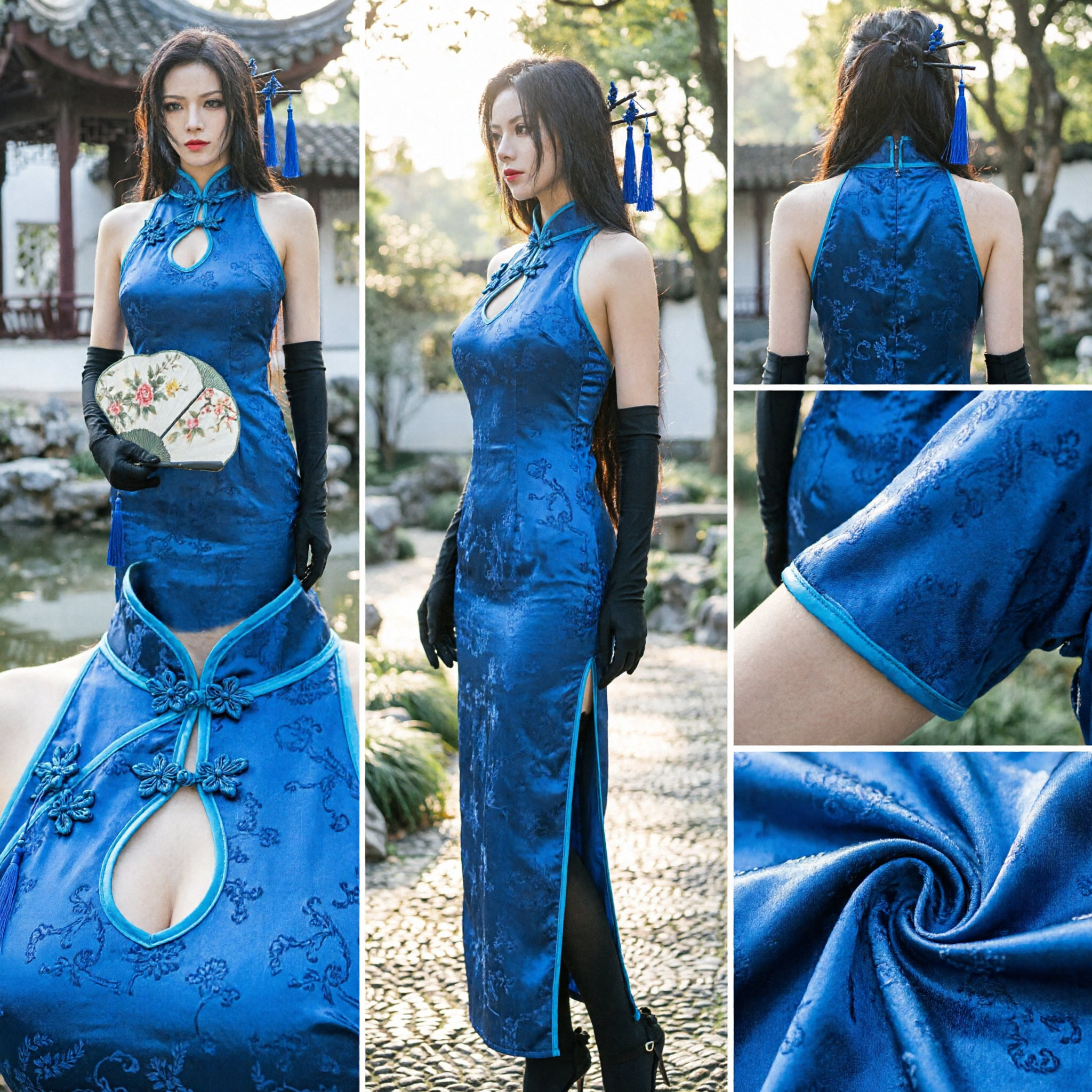 Vestido Tradicional Chinês Cheongsam Qipao Azul para Mulheres Sem Mangas Gola Mandarim Fenda Lateral para Festas de Cosplay - Asian Costume