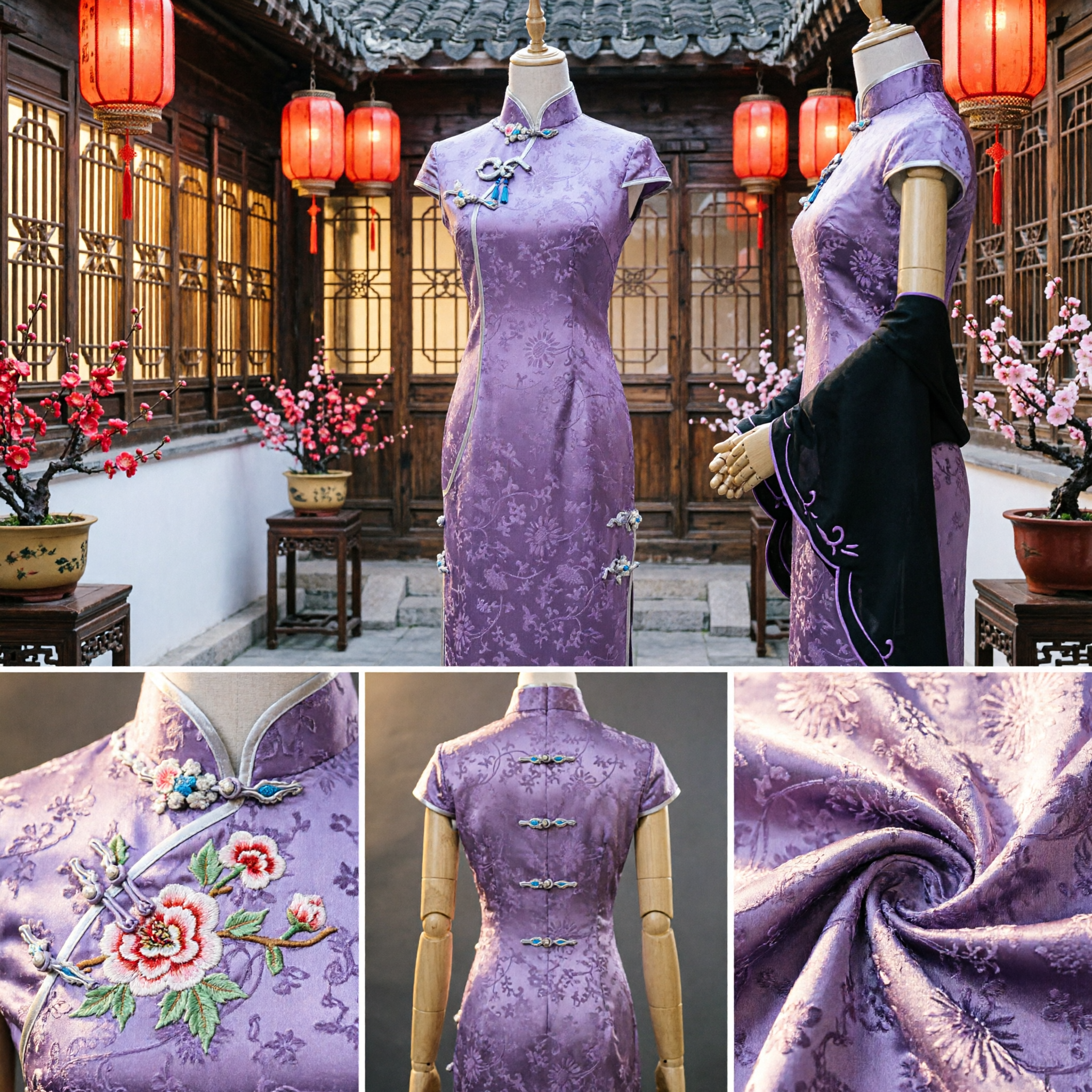 Traditionele Paarse Zijden Qipao Cheongsam Jurk met Zwart Geborduurde Sjaal voor Vrouwen Bruiloft Optreden - Asian Costume