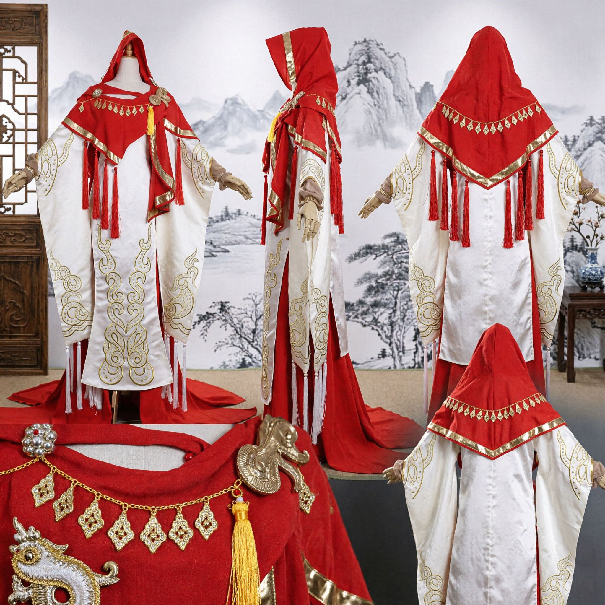 Costume Hanfu chinois traditionnel, cape à capuche rouge, robe blanche avec broderie dorée, robe de style ancien pour femmes pour cosplay - Asian Costume