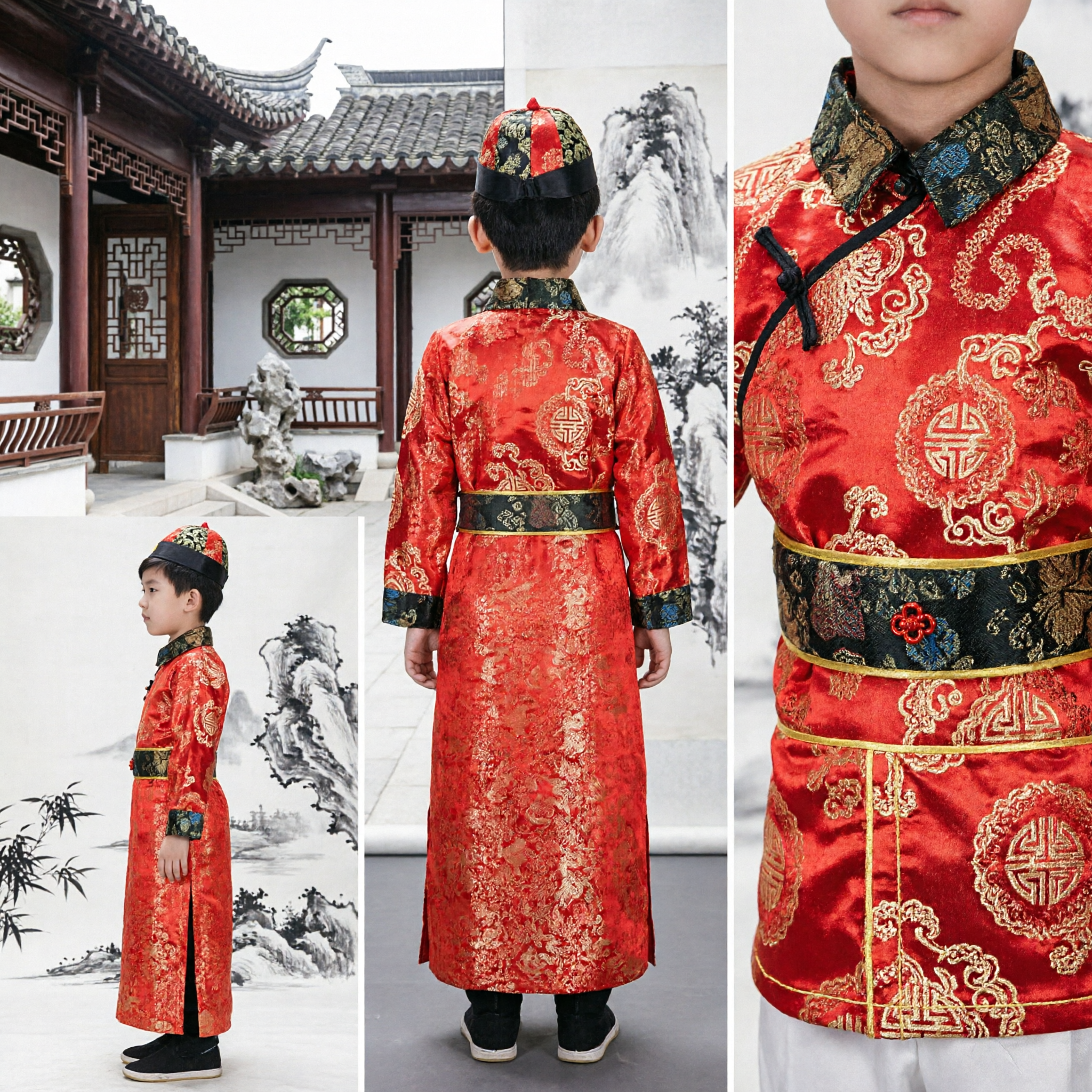 Traje de Tangzhuang Tradicional Chino para Niños, Túnica Roja con Dragón Dorado, para Bodas, Año Nuevo y Festivales - Asian Costume