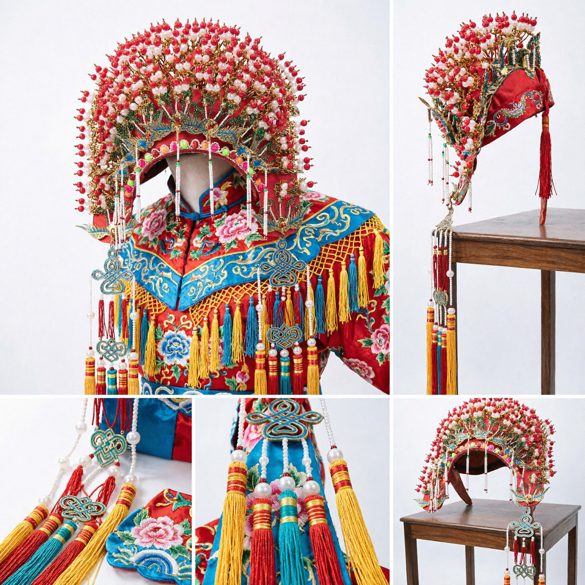 Couronne de phénix d'opéra chinois traditionnel, coiffe de mariée rouge élaborée avec perles pour spectacle sur scène et mariages - Asian Costume